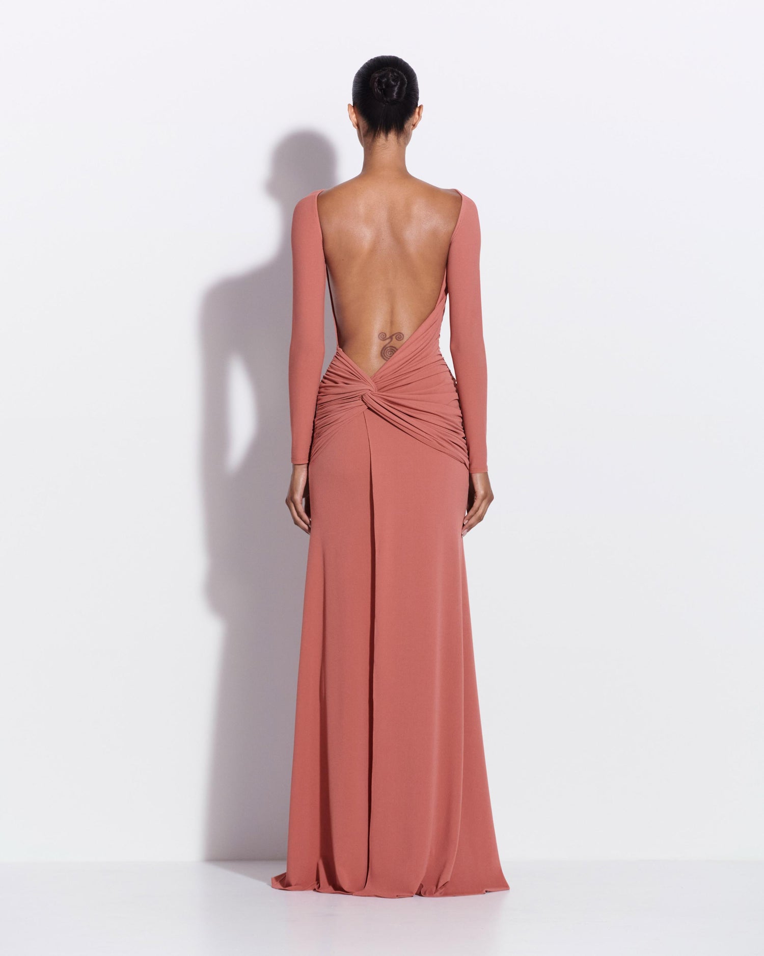 Long Sleeve Open Back Twist Gown in Crepe Jersey 6 / Cedar