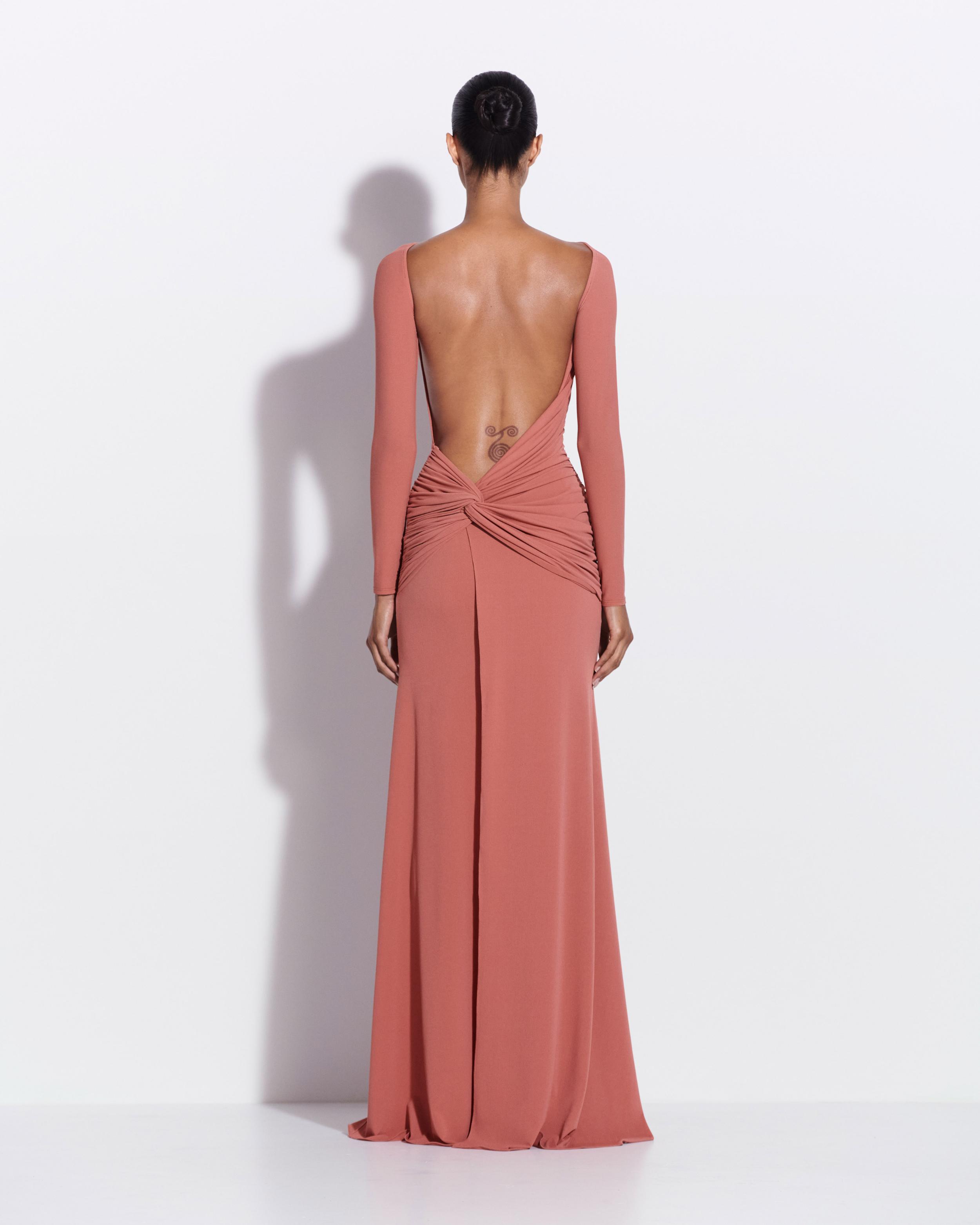 chinese dress ladies Long Sleeve Open Back Twist Gown in Crepe Jersey 6 / Cedar