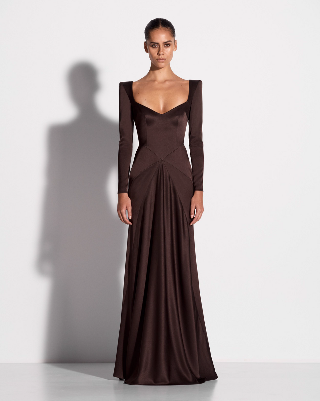 Long Sleeve Panelled Gown in Satin Crepe