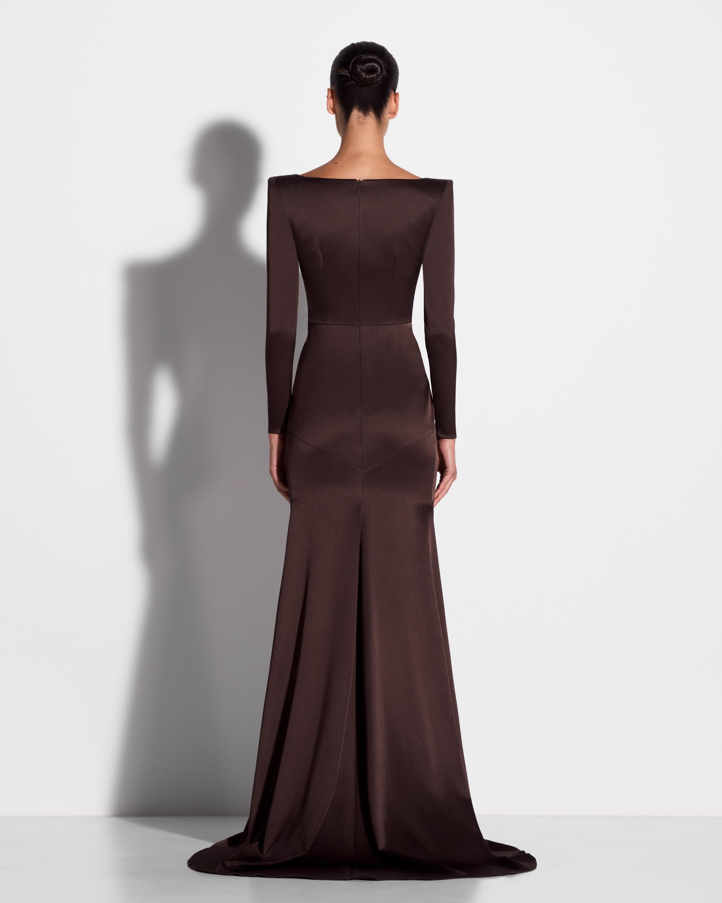 Long Sleeve Panelled Gown in Satin Crepe