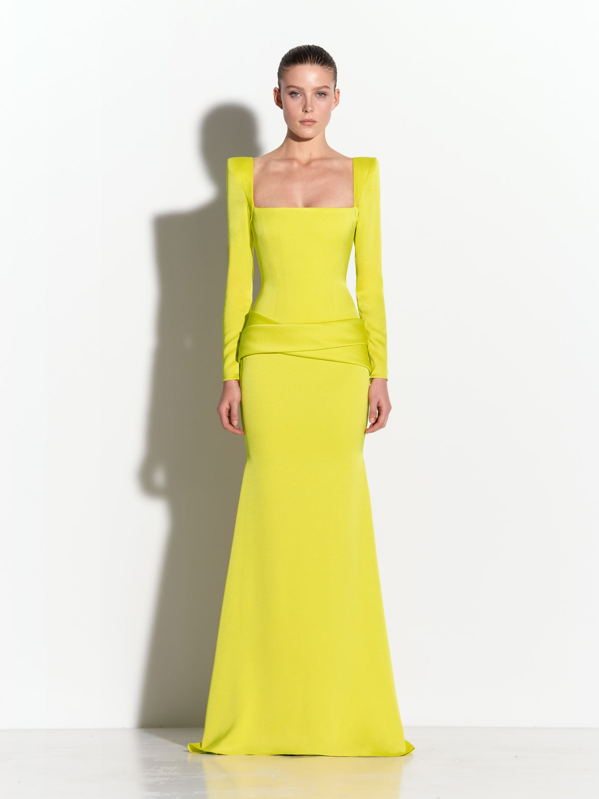 Long Sleeve Portrait Gown in Satin Crepe
