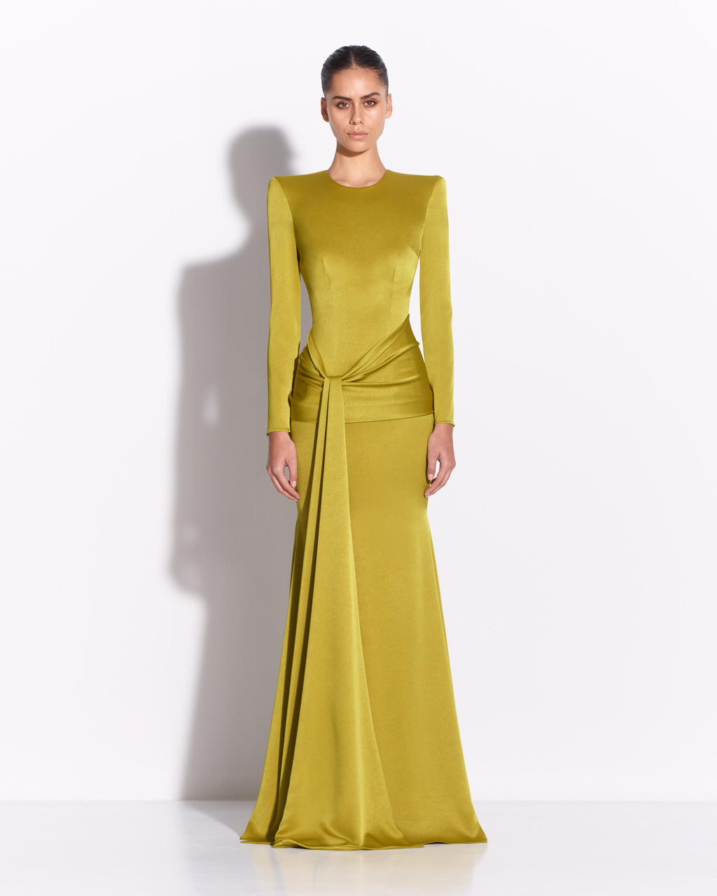 Long Sleeve Sash Drape Gown in Satin Crepe