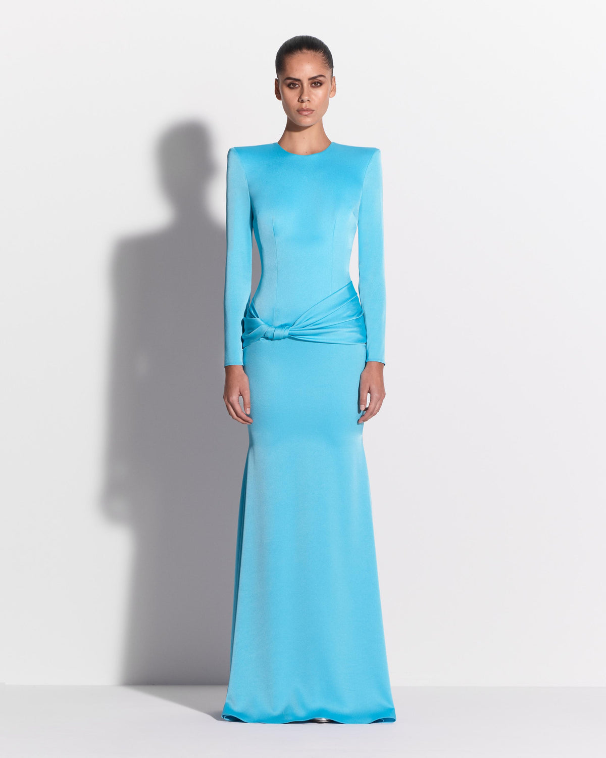Long Sleeve Twist Drape Gown in Satin Crepe