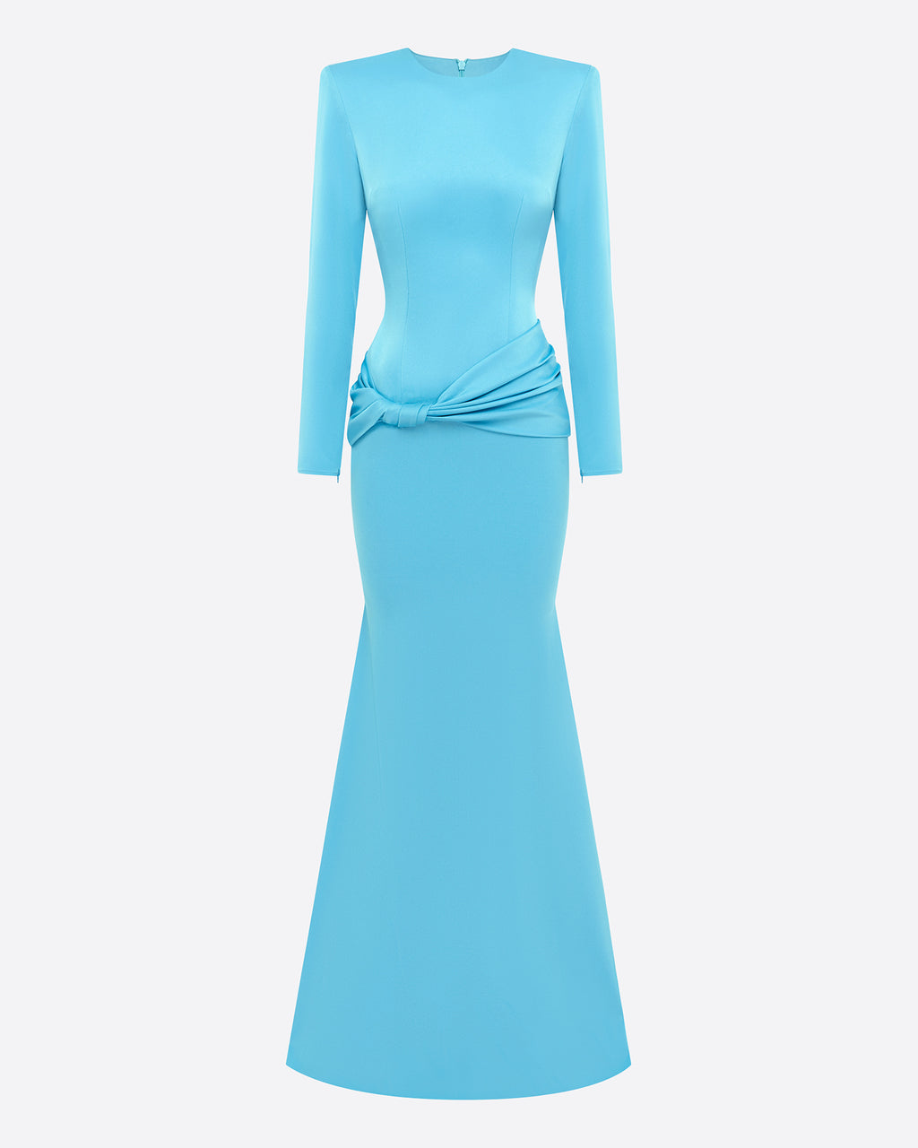 Long Sleeve Twist Drape Gown in Satin Crepe