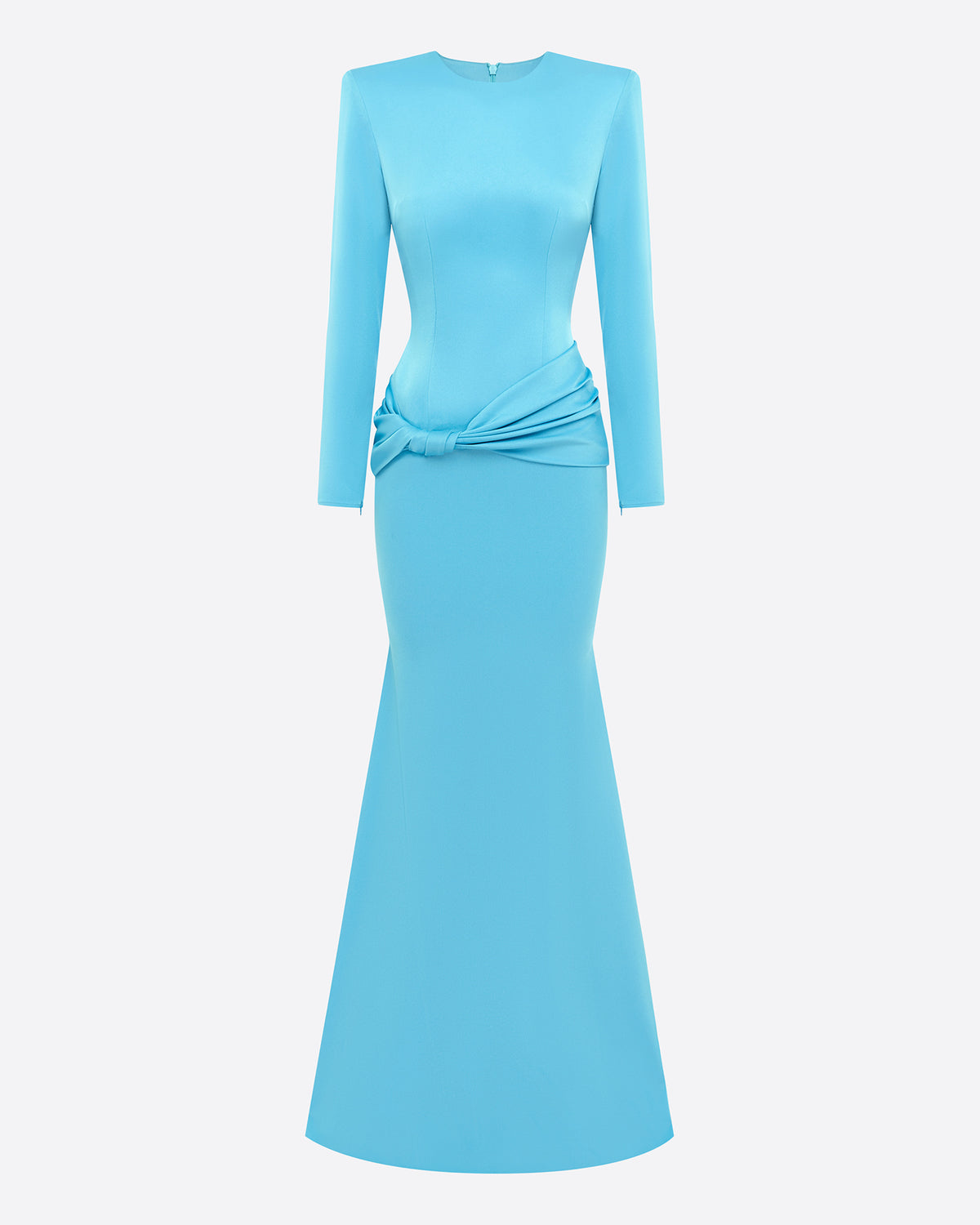 Long Sleeve Twist Drape Gown in Satin Crepe
