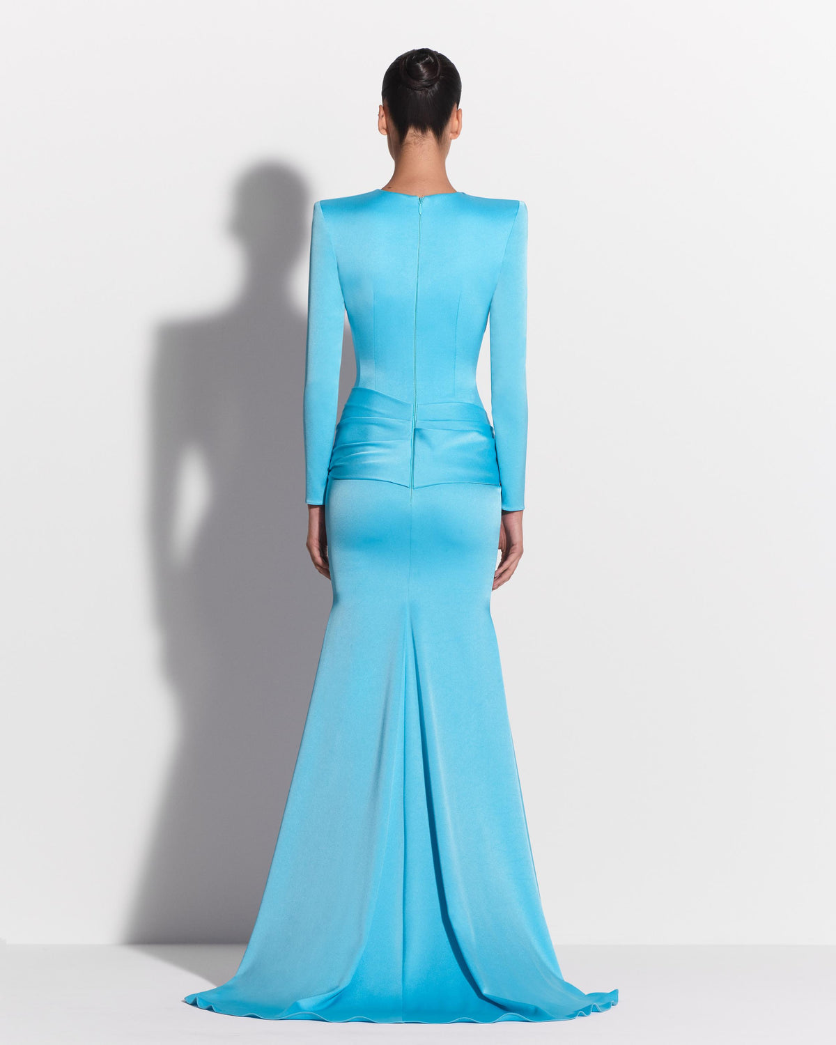 Long Sleeve Twist Drape Gown in Satin Crepe