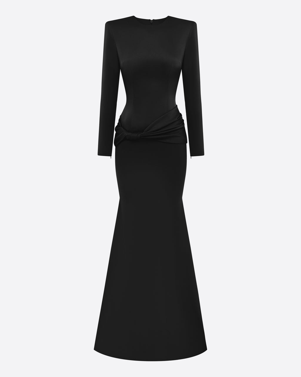Long Sleeve Twist Drape Gown in Satin Crepe