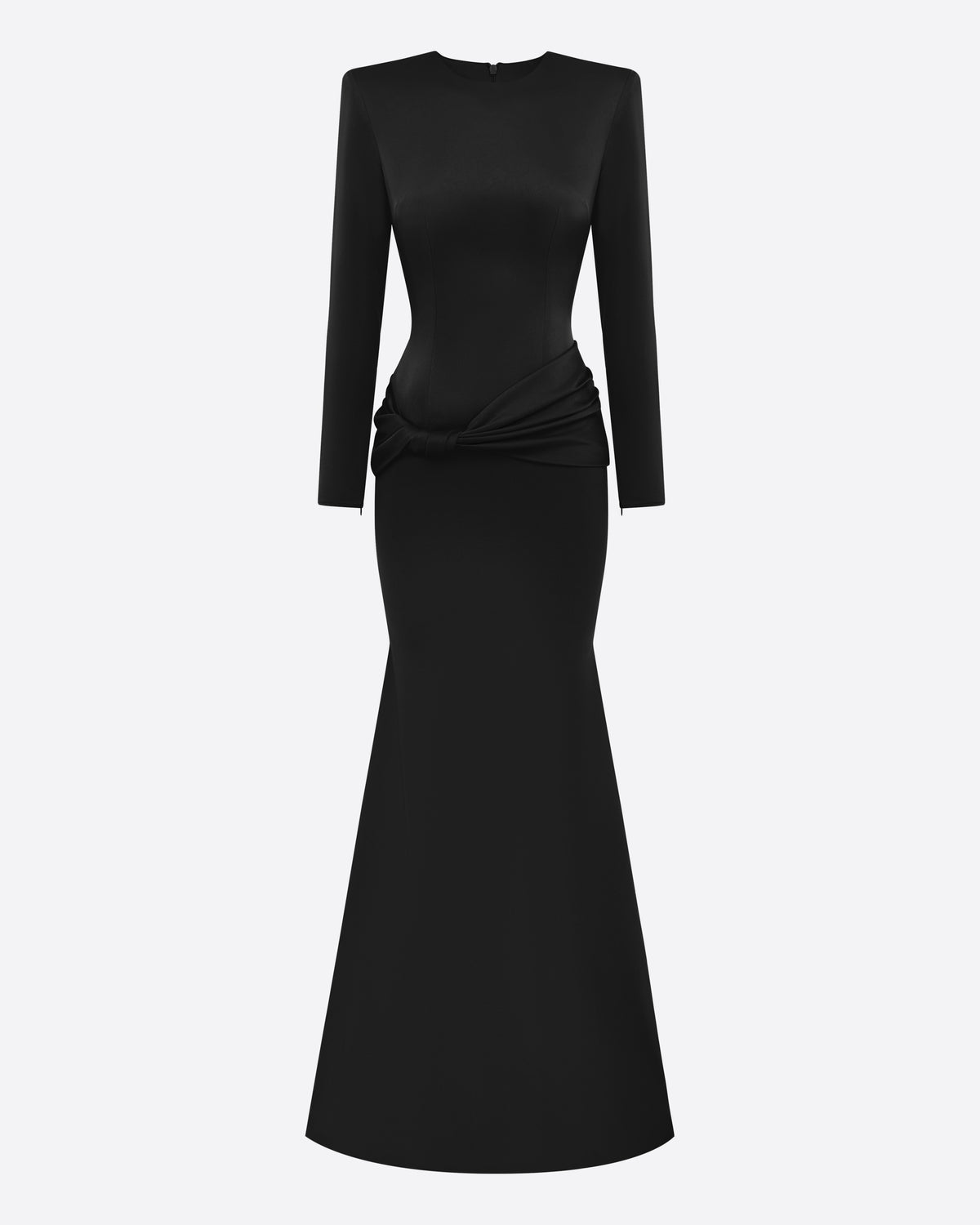Long Sleeve Twist Drape Gown in Satin Crepe