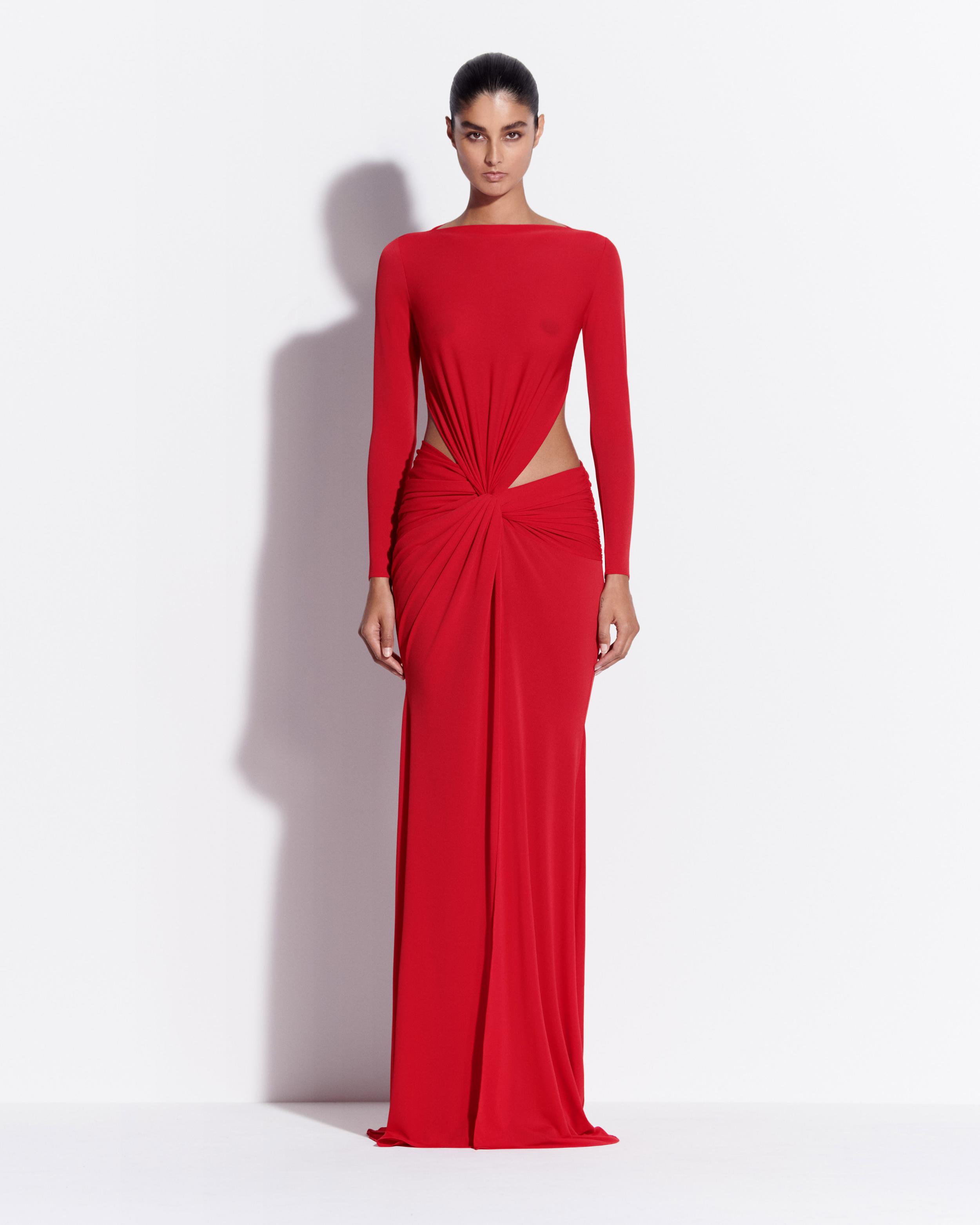 Long Sleeve Twist Gown in Crepe Jersey