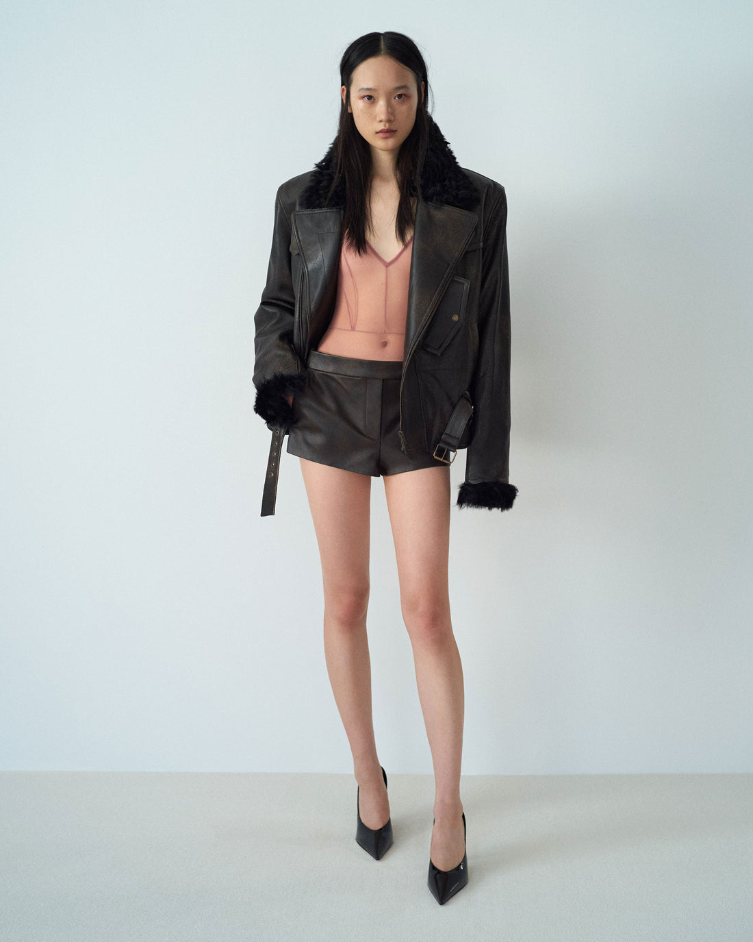 Alex Perry Fall Winter 2025 Look 2 — Biker Jacket in Leather & Bikini Bodysuit in Fine Mesh