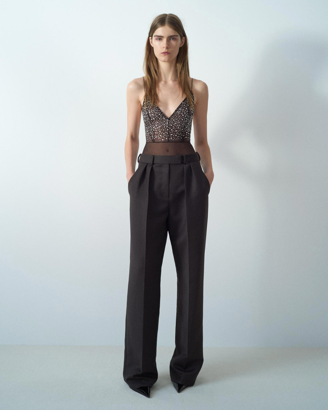 Alex Perry Fall Winter 2025 Look 13 — Bikini Bodysuit in Crystal Mesh & Low Rise Trouser in Wool Suiting
