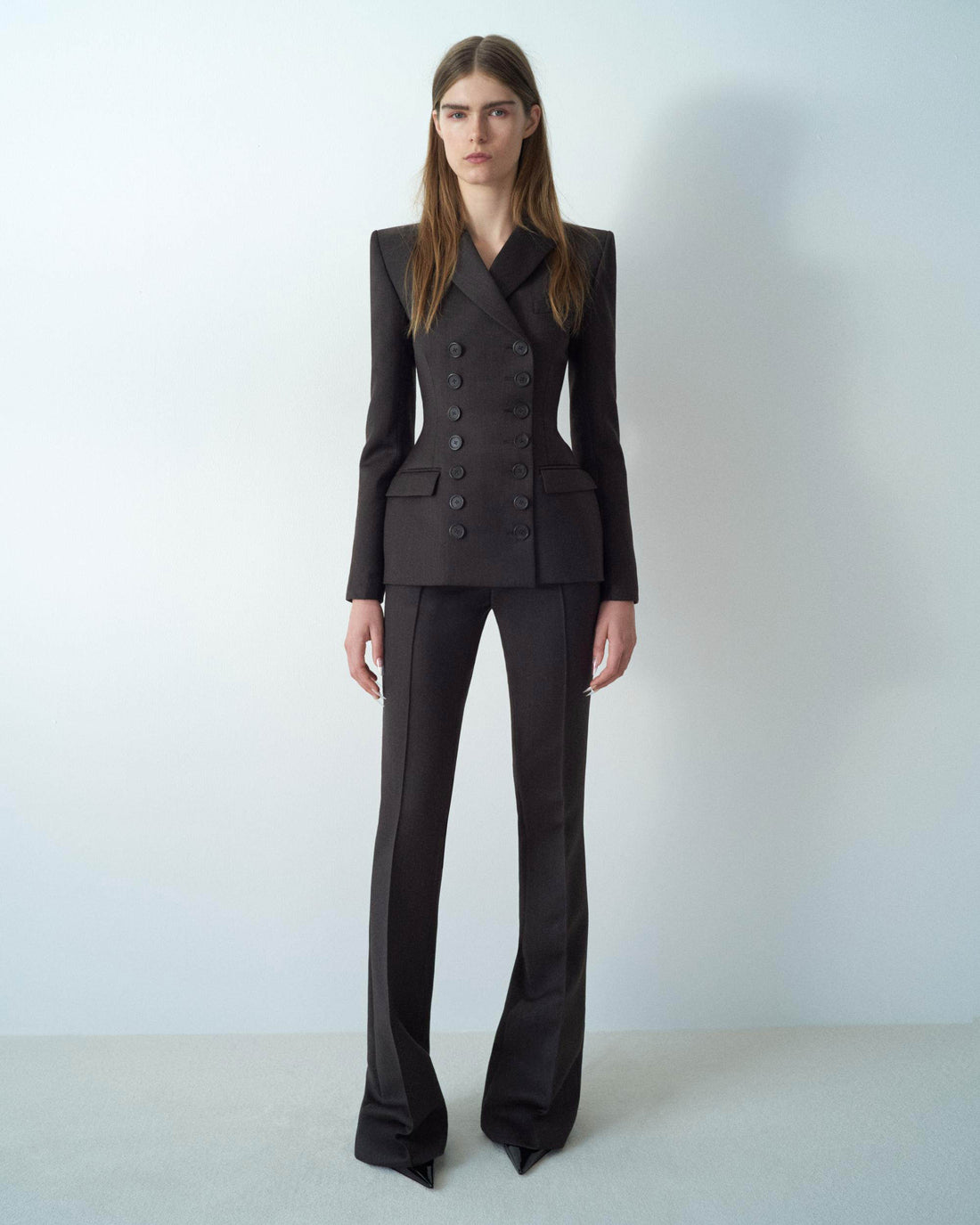 Alex Perry Fall Winter 2025 Look 14 — Double Breasted Blazer in Wool Suiting & Flare Trouser in Wool Suiting