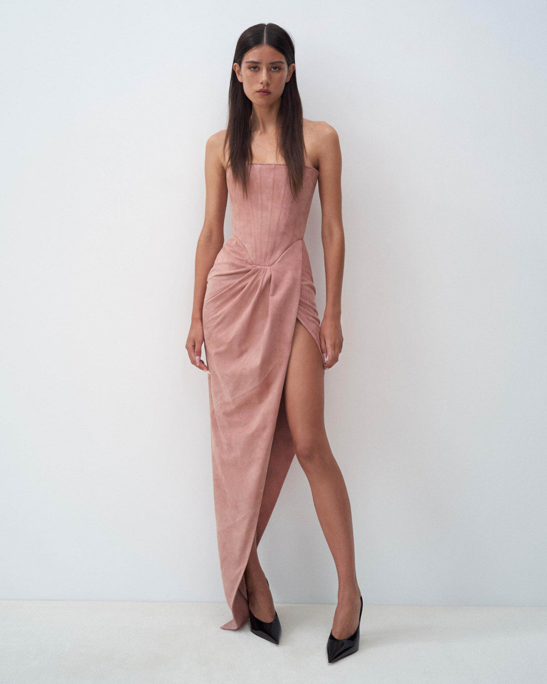 Alex Perry Fall Winter 2025 Look 23 — Strapless Corset Drape Gown in Suede