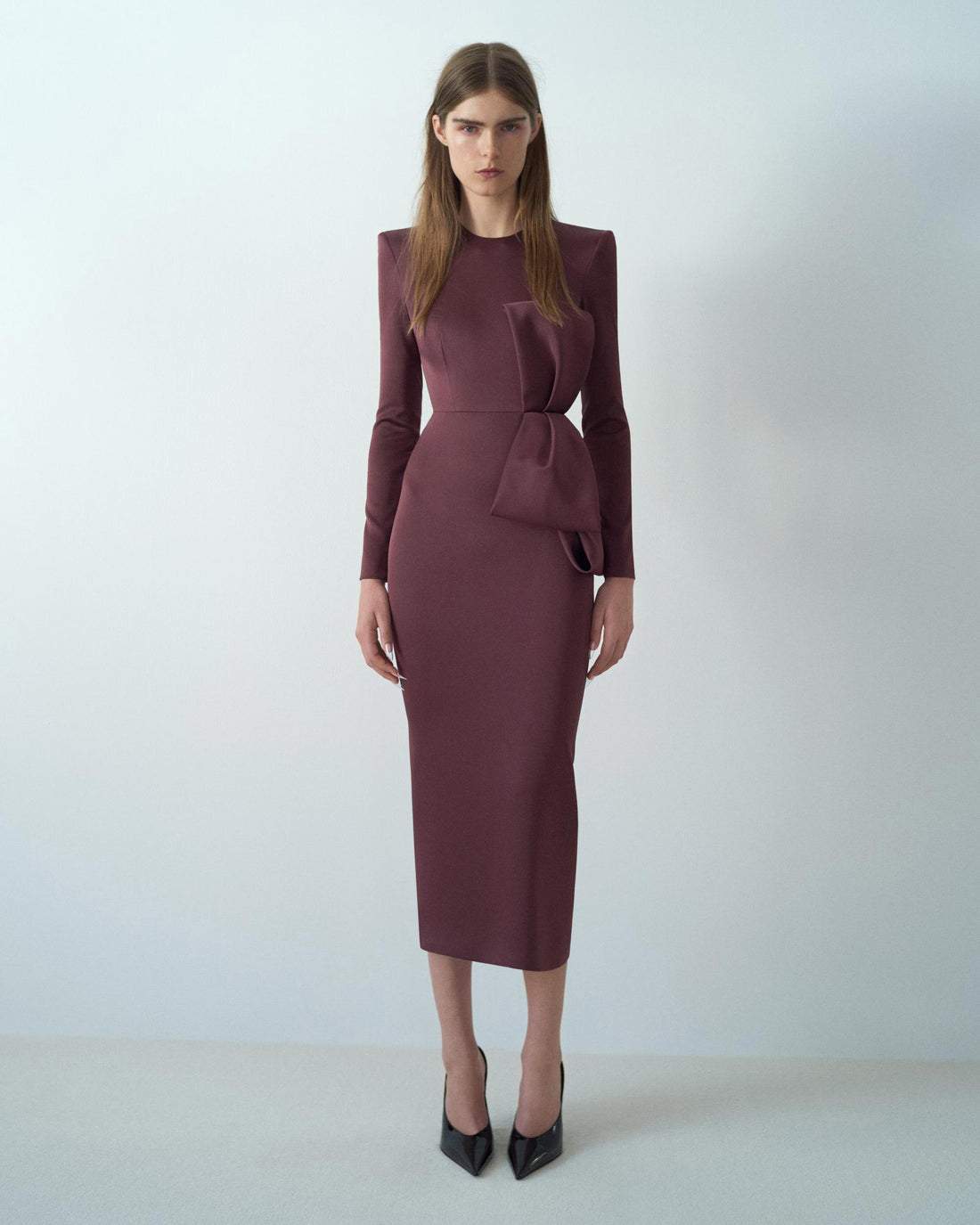 Alex Perry Fall Winter 2025 Look 39 — Long Sleeve Dress in Satin Crepe