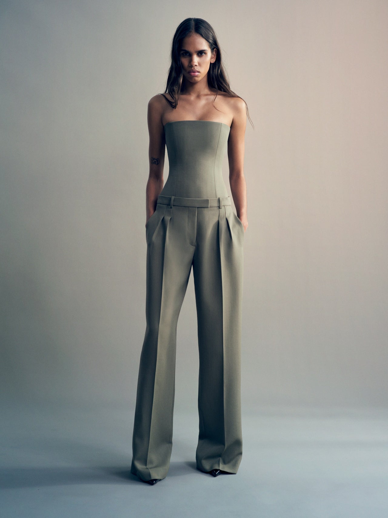 Alex Perry FW26 - Look 02, Strapless Longline Corset Top in Wool Suiting Sage