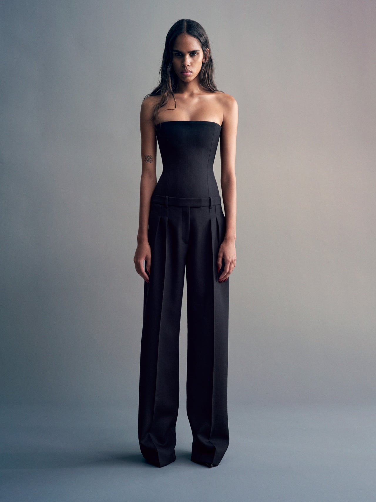 Alex Perry FW26 - Look 03, Strapless Longline Corset Top in Wool Suiting Black