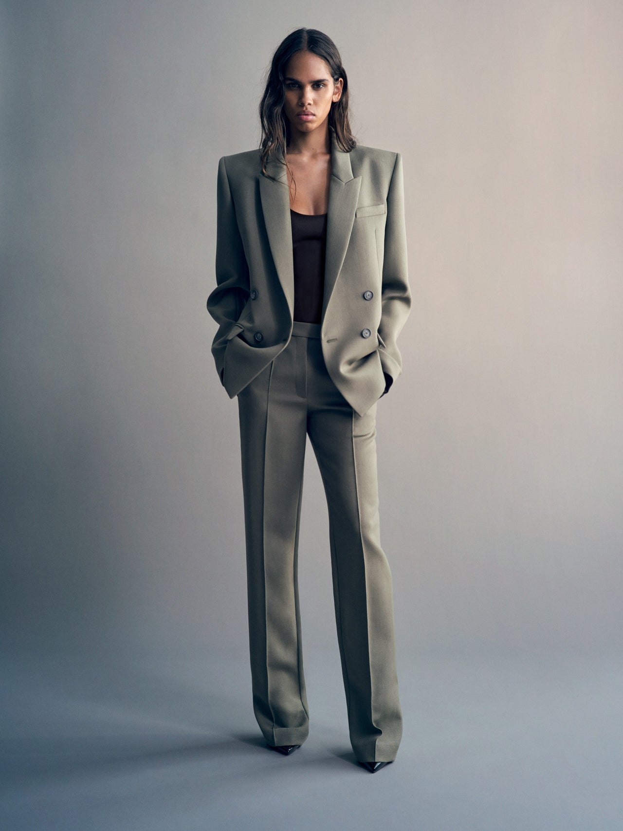 Alex Perry FW26 - Look 08, Double Breasted Oversize Blazer in Wool Suiting Sage