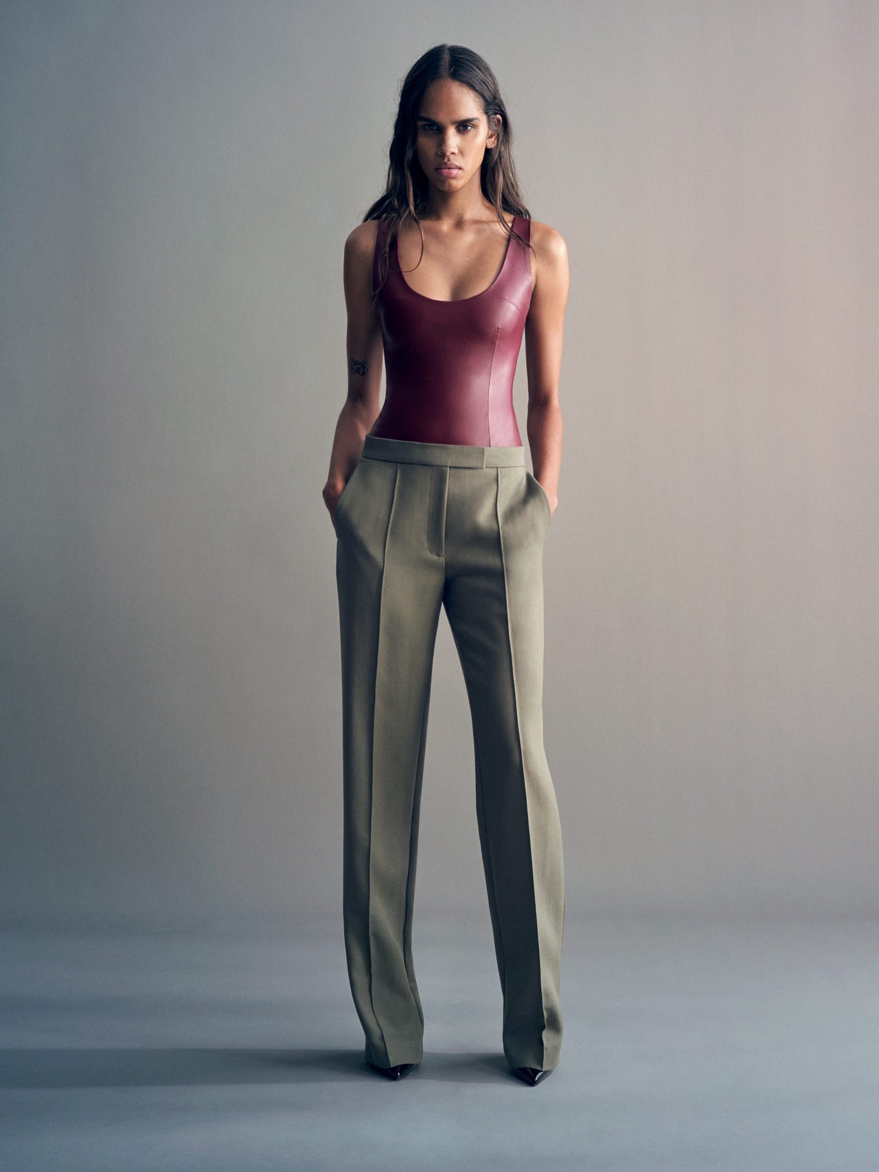 Alex Perry FW26 - Look 09, Scoop Singlet Bodysuit in Leather Cherry