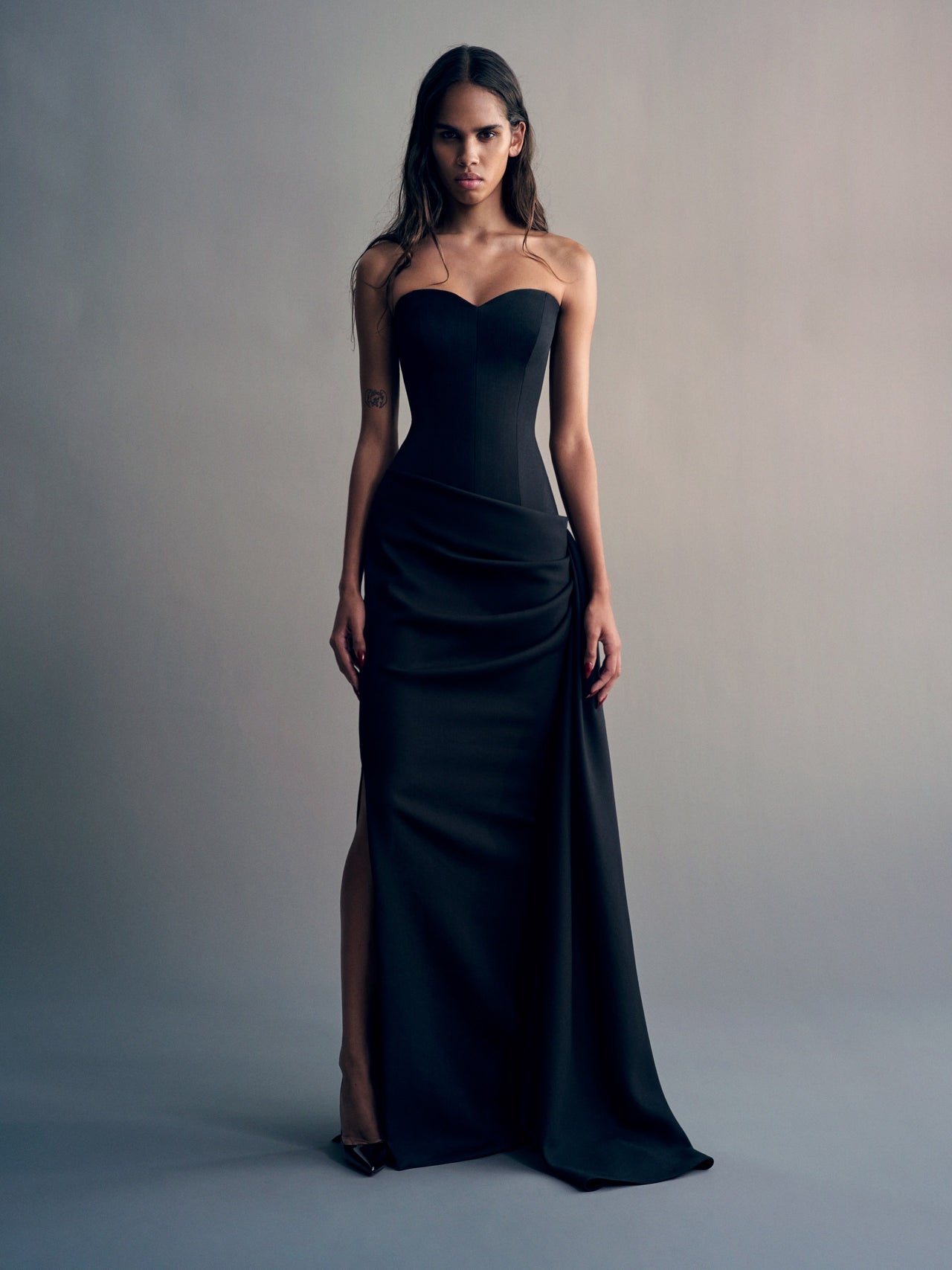 Alex Perry FW26 - Look 10, Strapless Sweetheart Drape Gown in Wool Suiting Black