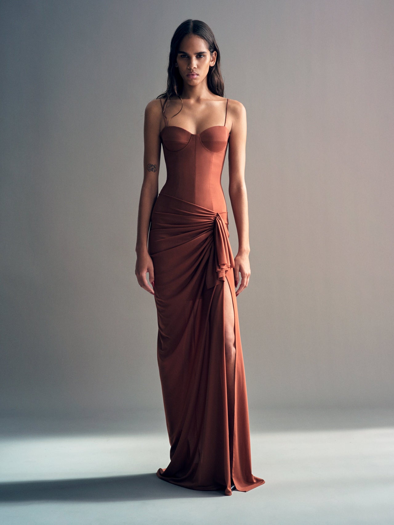 Alex Perry FW26 - Look 21, Cupped Drape Gown in Stretch Mesh Toffee
