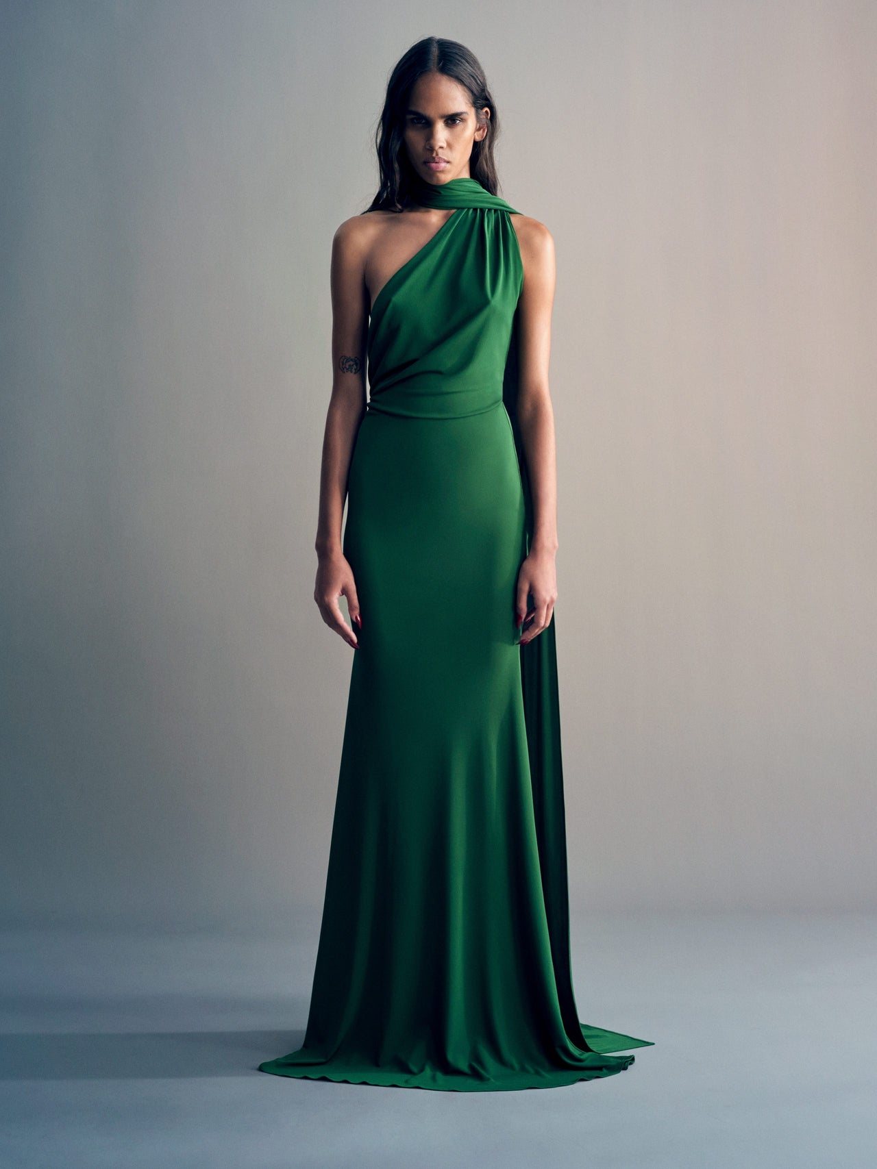 Alex Perry FW26 - Look 26, One Shoulder Scarf Gown in Dry Jersey Forest Green