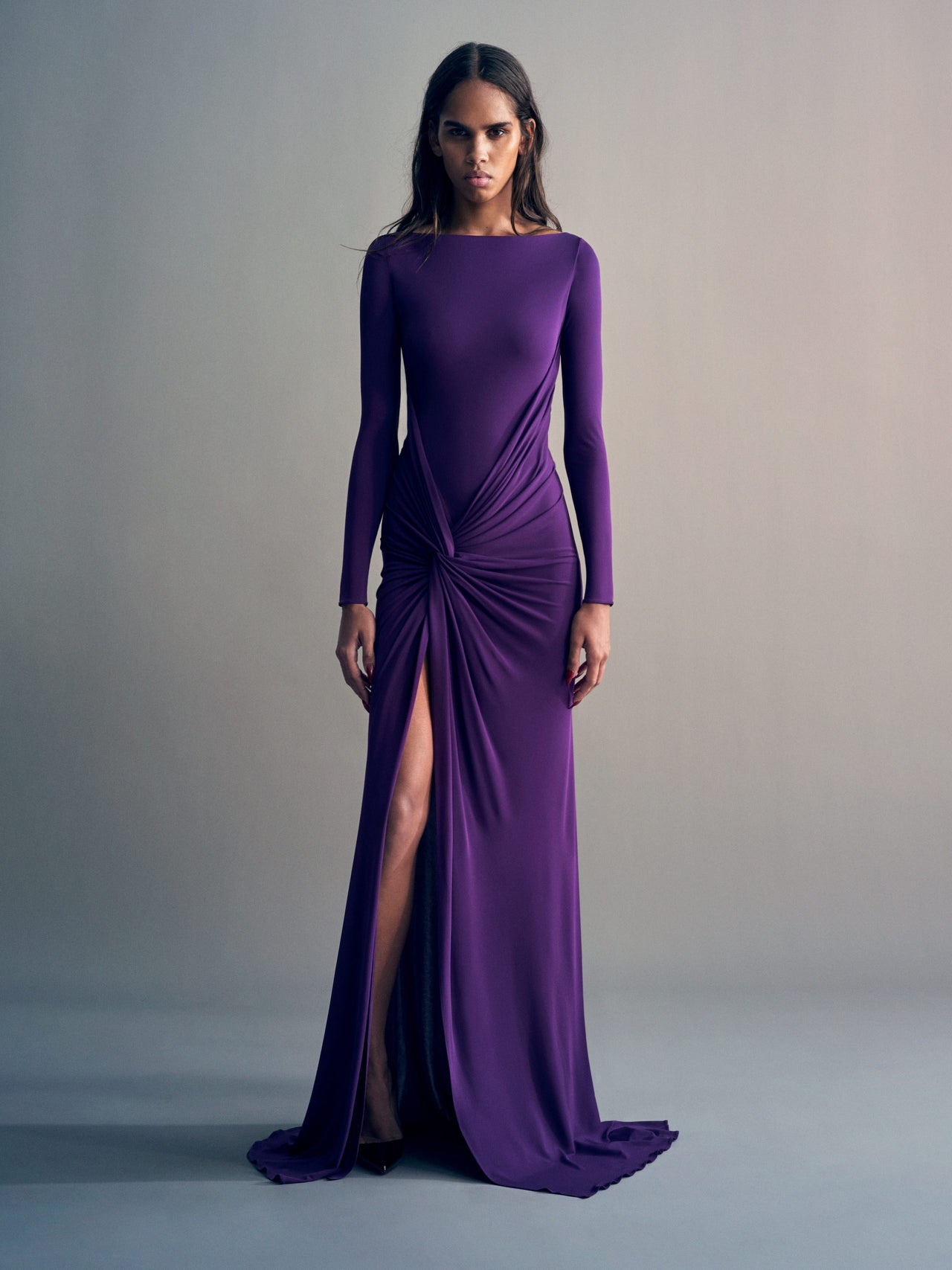 Alex Perry FW26 - Look 27, Long Sleeve Twist Gown in Dry Jersey Violet