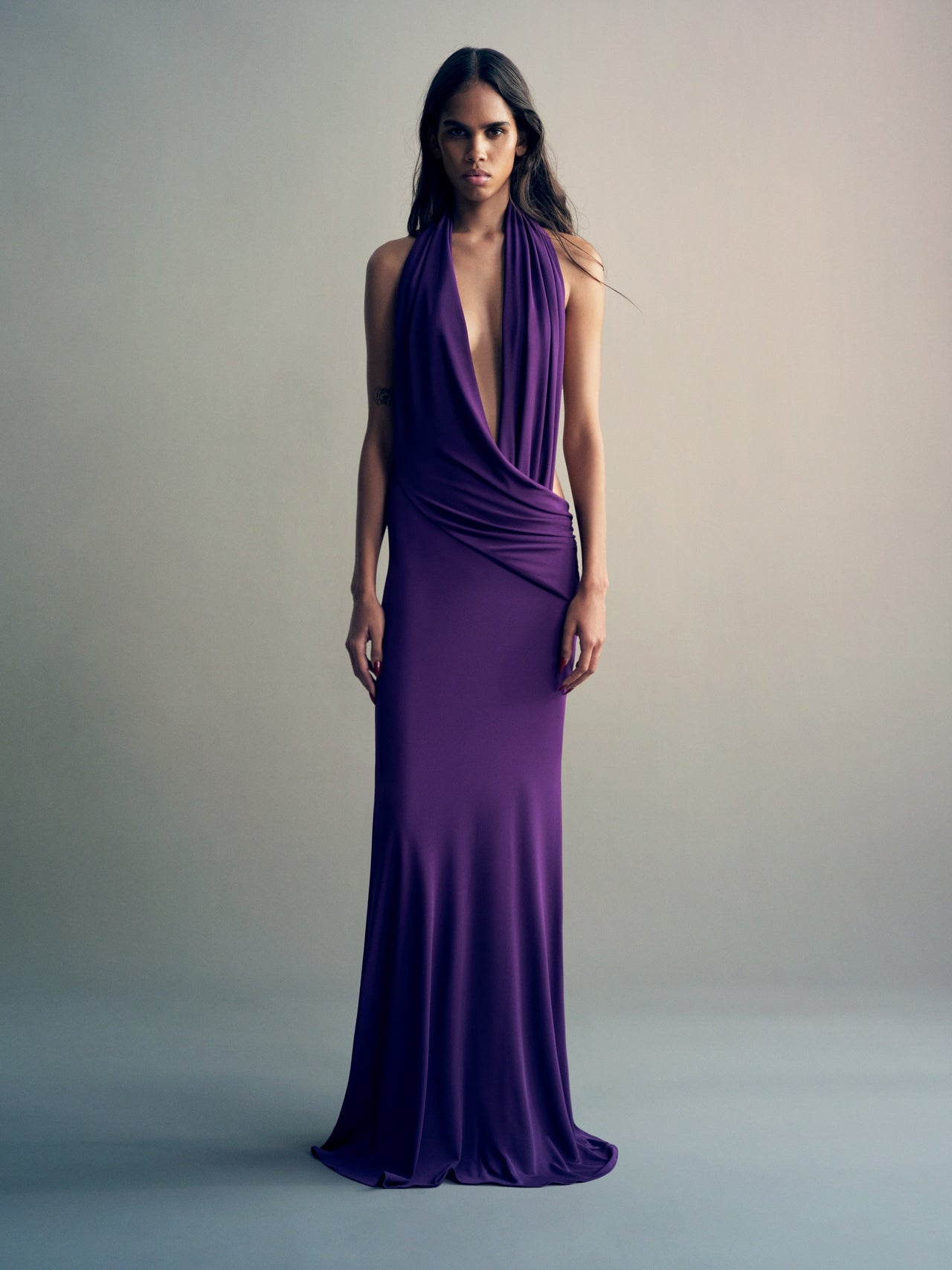 Alex Perry FW26 - Look 28, Halter Drape Gown in Dry Jersey Violet