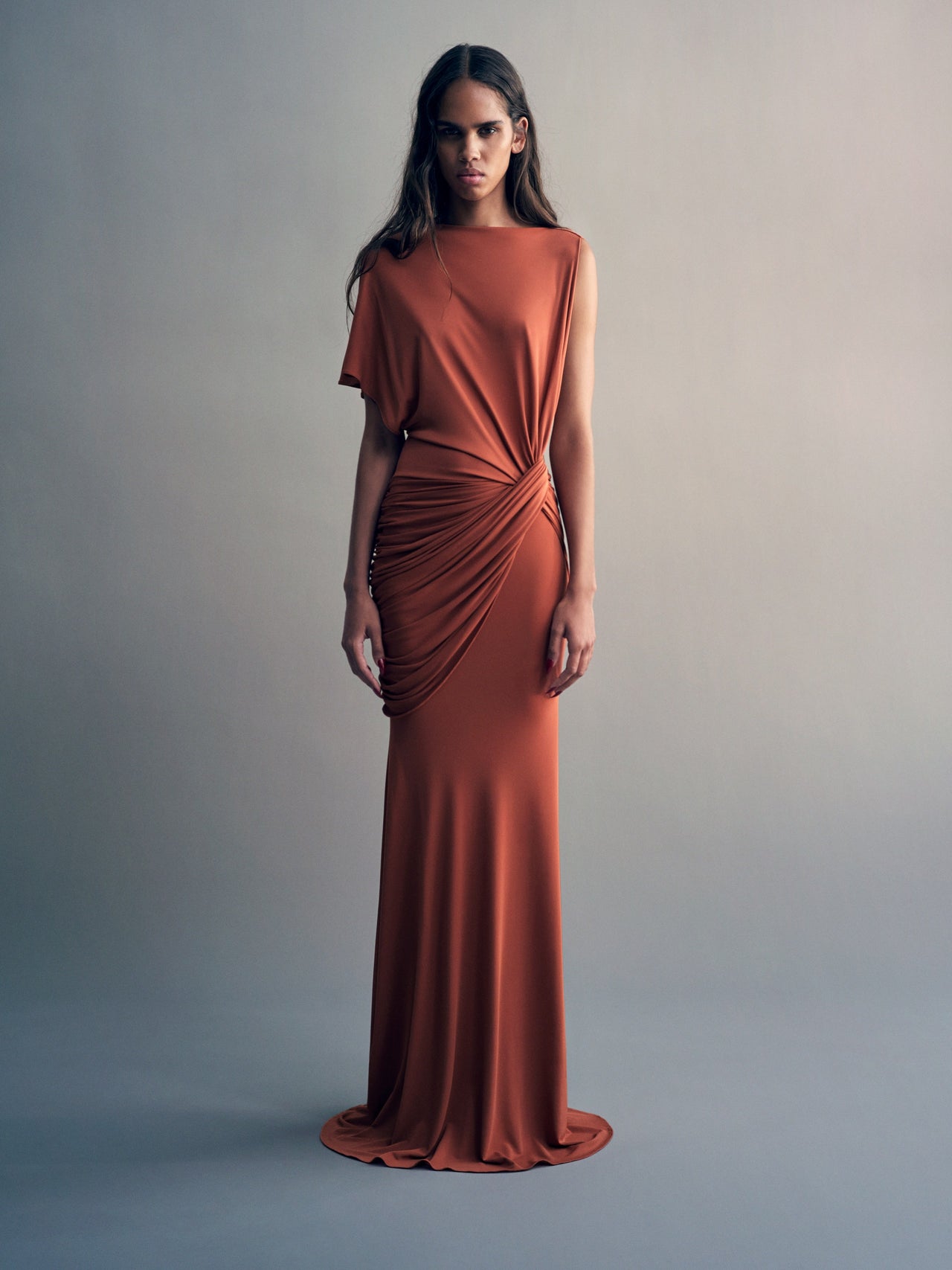 Alex Perry FW26 - Look 30, One Shoulder Cape Sleeve Twist Gown in Dry Jersey Clay