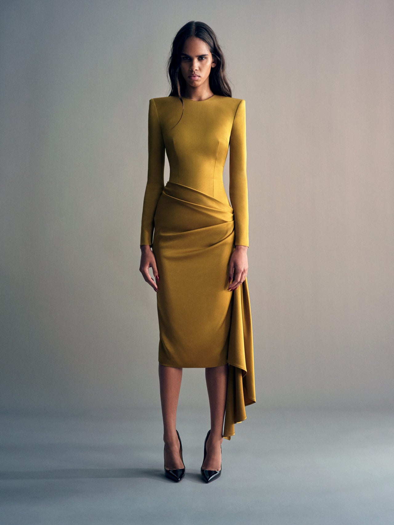 Alex Perry FW26 - Look 31, Long Sleeve Drape Dress in Satin Crepe Gold