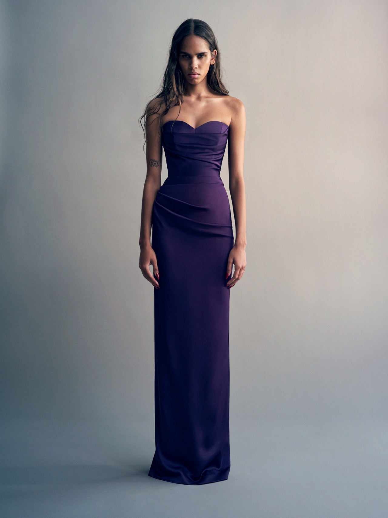 Alex Perry FW26 - Look 32, Strapless Sweetheart Drape Column in Satin Crepe Blackberry