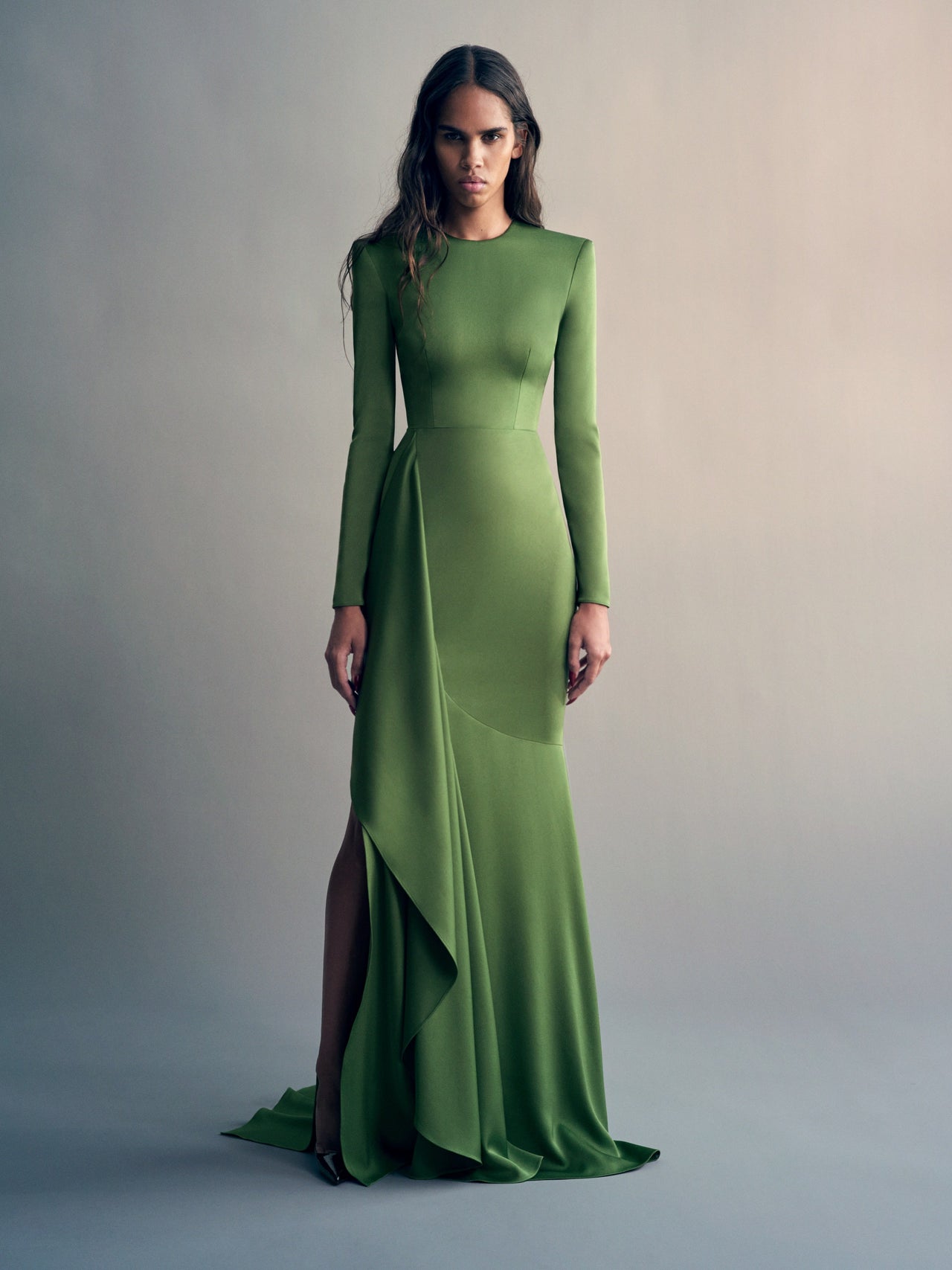 Alex Perry FW26 - Look 33, Long Sleeve Asymmetric Tiered Drape Gown in Satin Crepe Fern