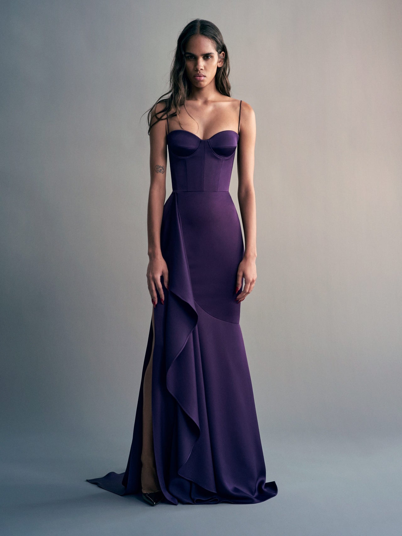 Alex Perry FW26 - Look 34, Cupped Asymmetric Tiered Drape Gown in Satin Crepe Blackberry