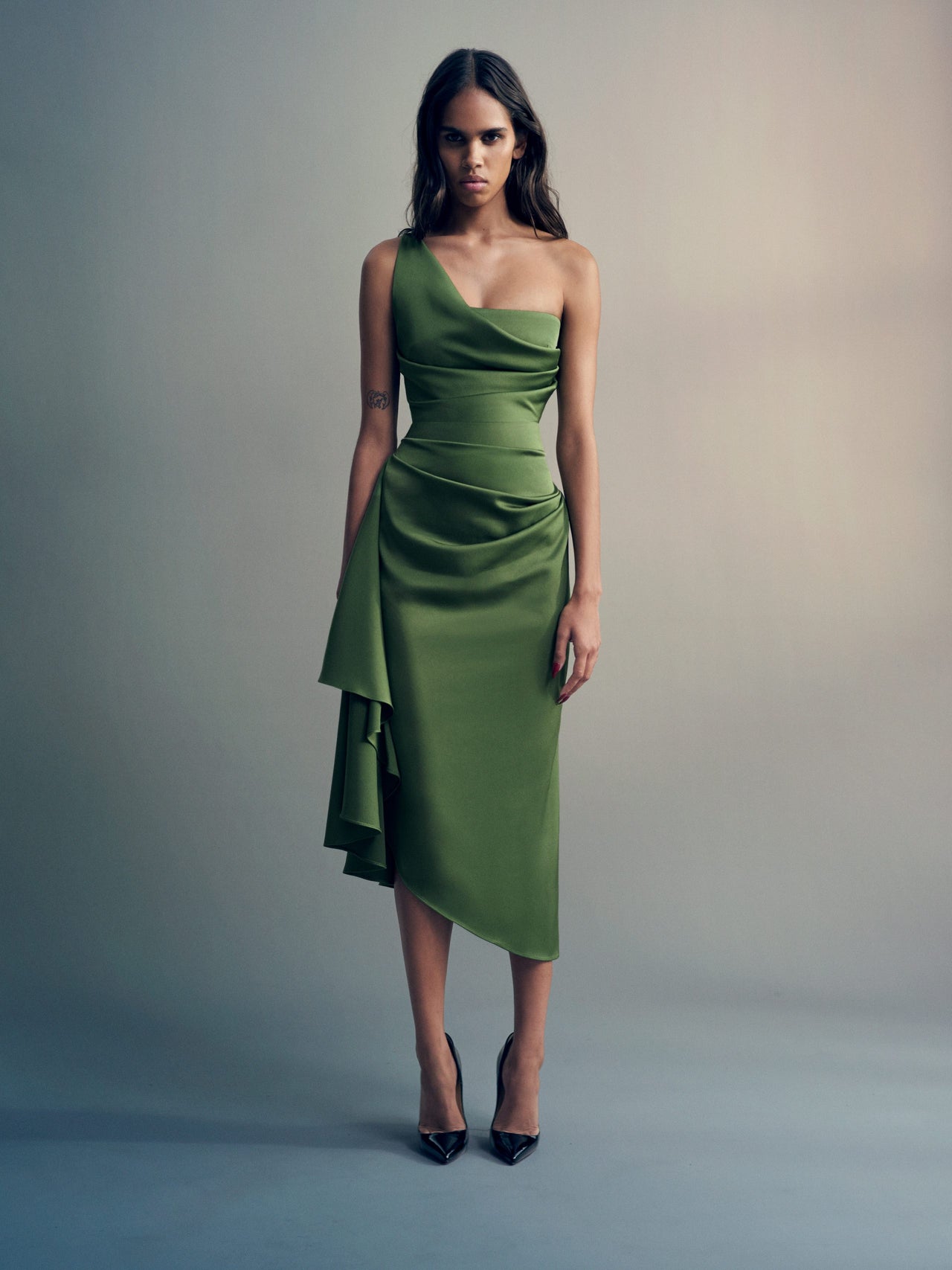 Alex Perry FW26 - Look 36, One Shoulder Drape Dress in Satin Crepe Fern