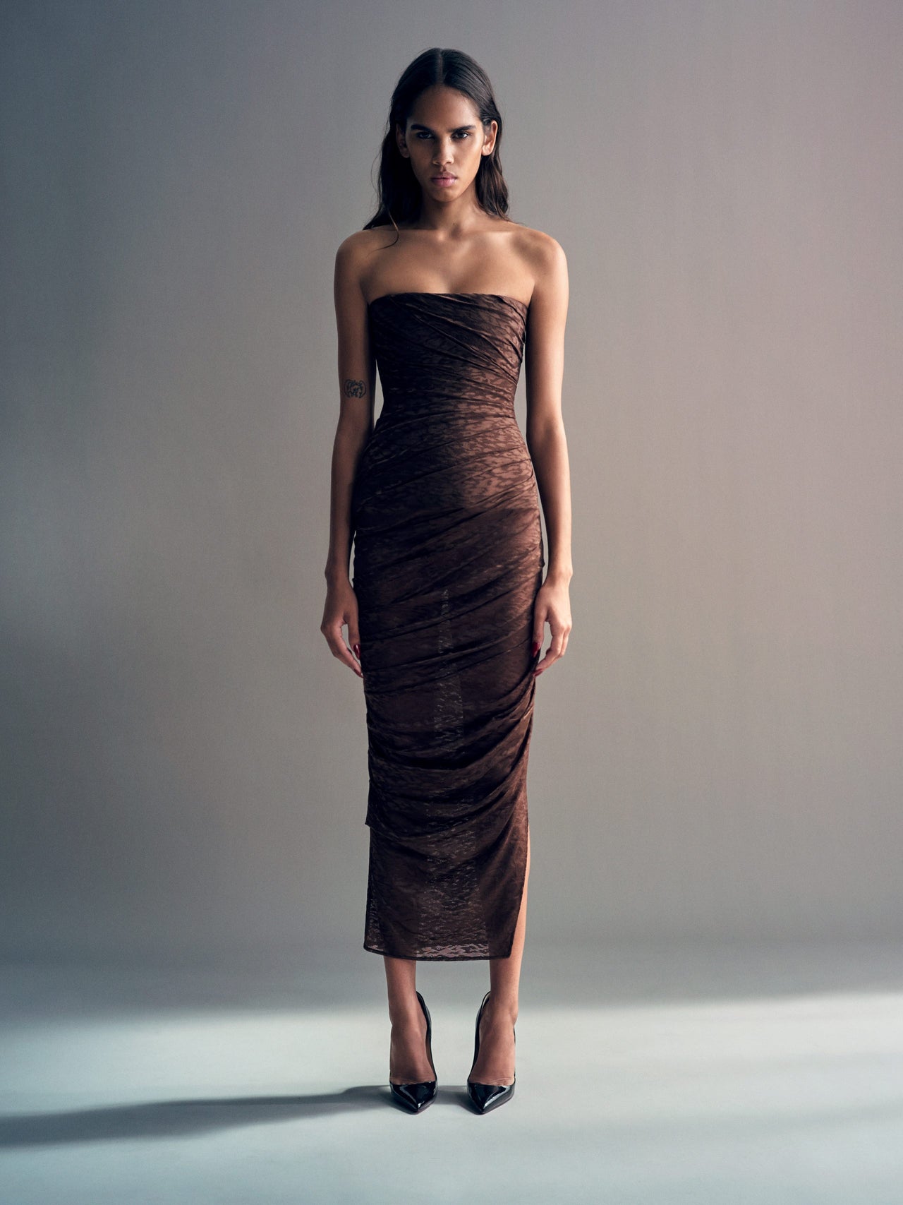Alex Perry FW26 - Look 38, Strapless Tucked Dress in Leopard Lace Brown