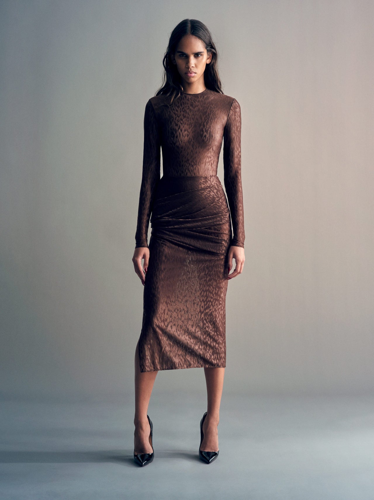 Alex Perry FW26 - Look 39, Long Sleeve Asymmetric Drape Dress in Leopard Lace Brown