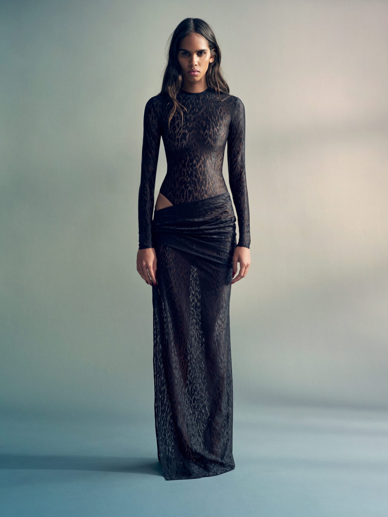 Alex Perry FW26 - Look 41, Long Sleeve Bodysuit in Leopard Lace Black