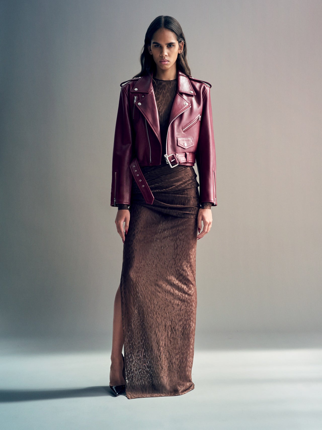 Alex Perry FW26 - Look 42, Cropped Biker Jacket in Leather Cherry