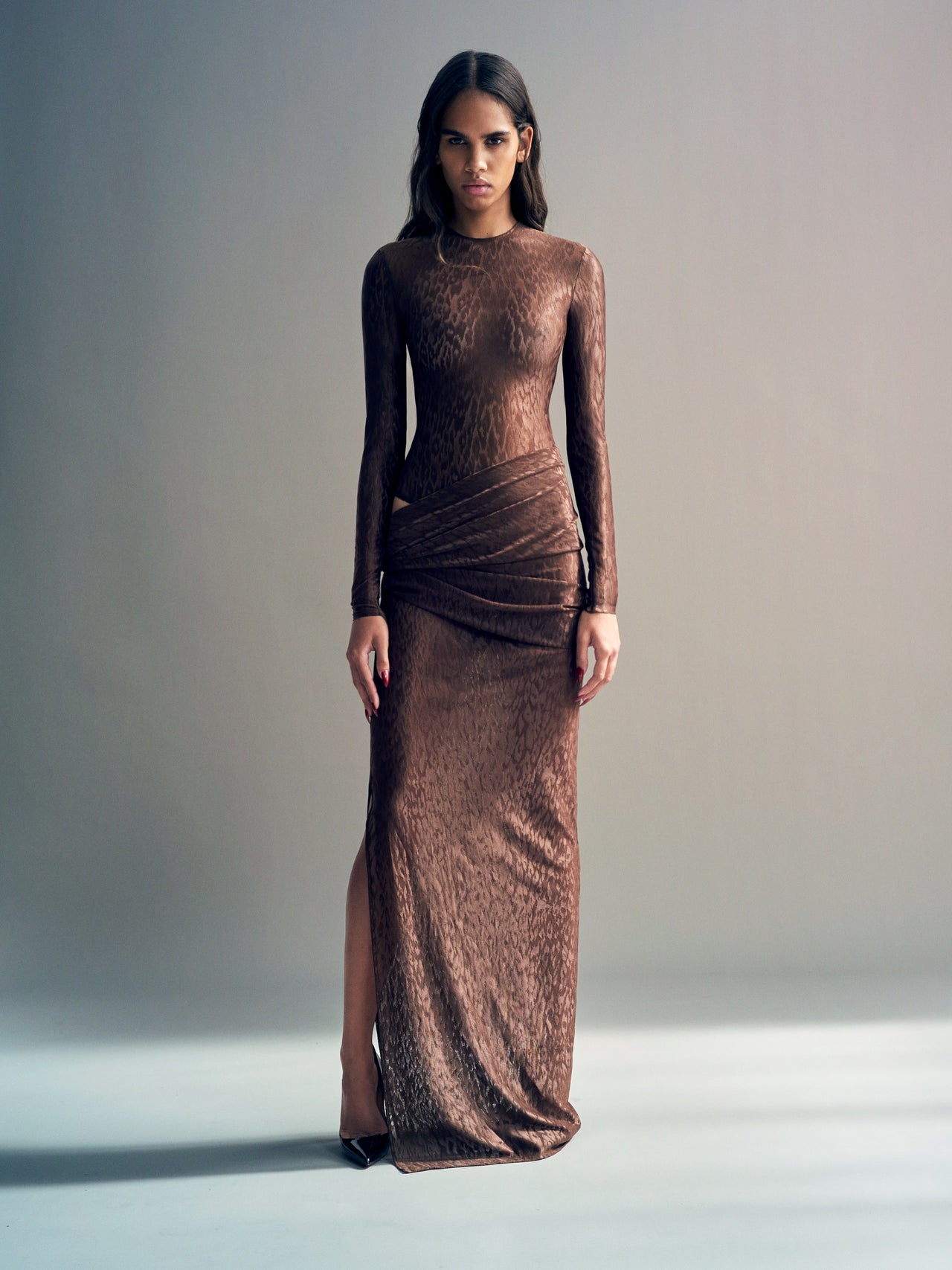 Alex Perry FW26 - Look 43, Long Sleeve Bodysuit in Leopard Lace Brown