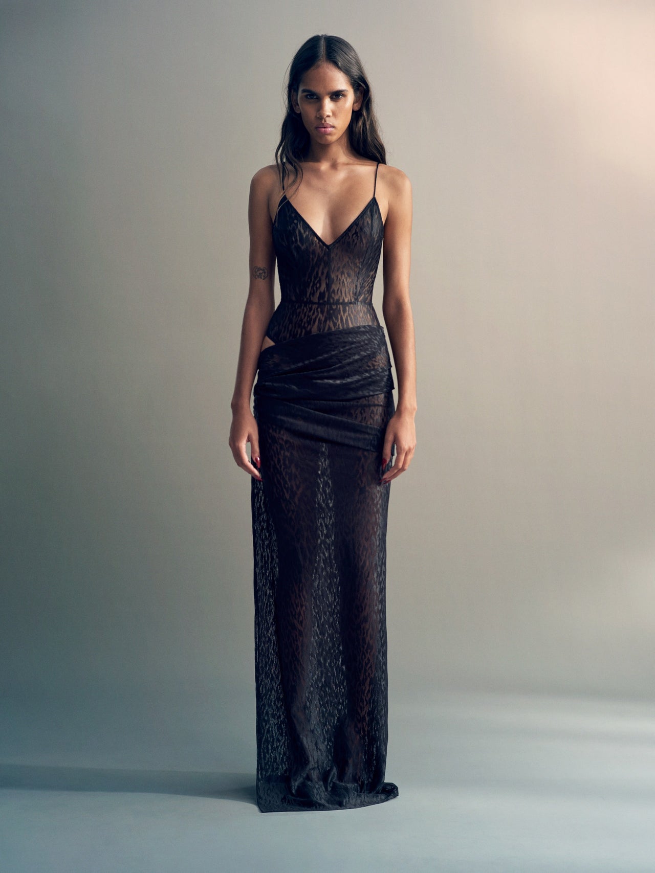 Alex Perry FW26 - Look 45, Bikini Asymmetric Drape Column in Leopard Lace Black