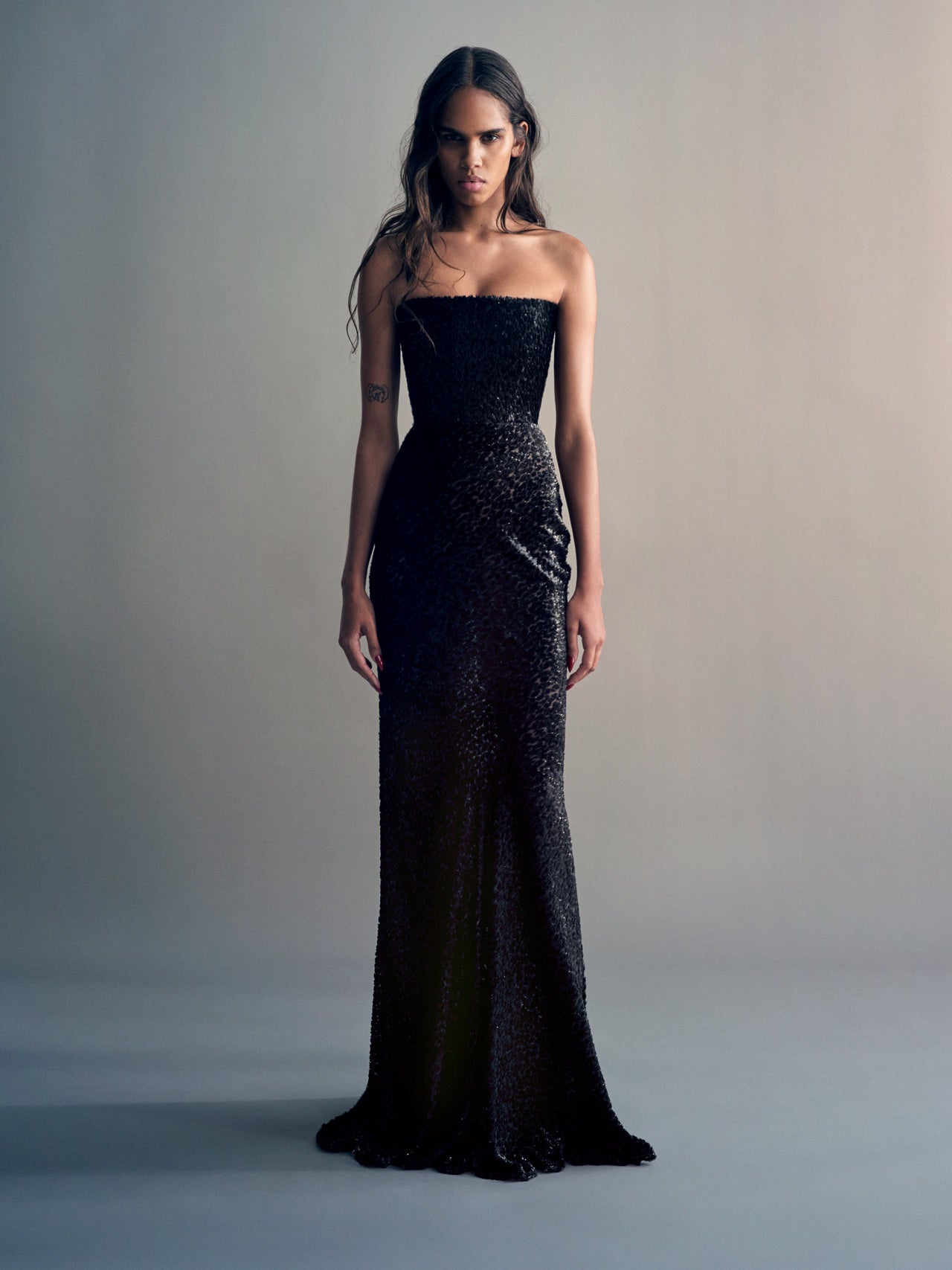 Alex Perry FW26 - Look 46, Strapless Drape Gown in Devoré Black