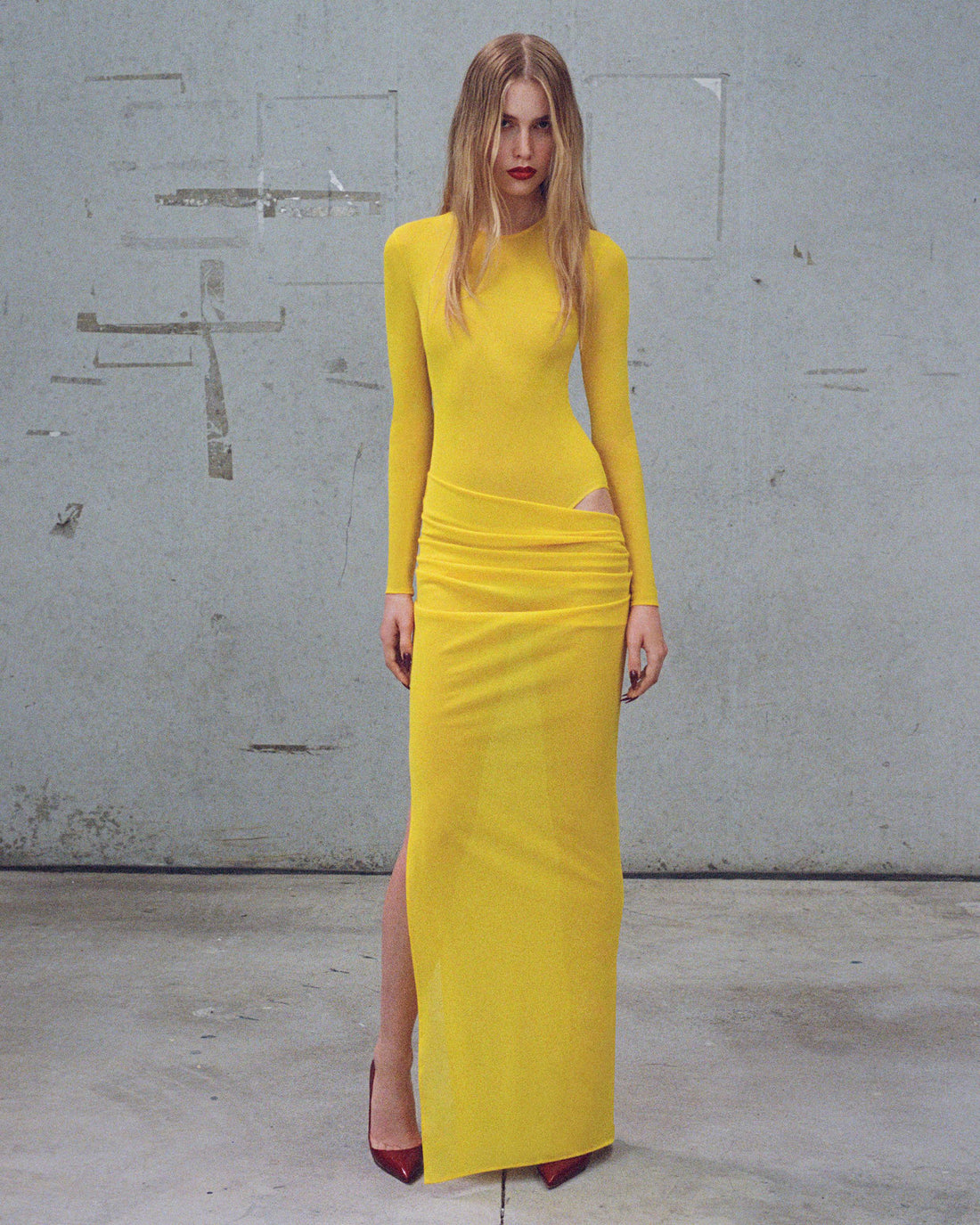 Alex Perry Pre Fall 2025 Look 7 — Long Sleeve Tucked Column in Stretch Mesh