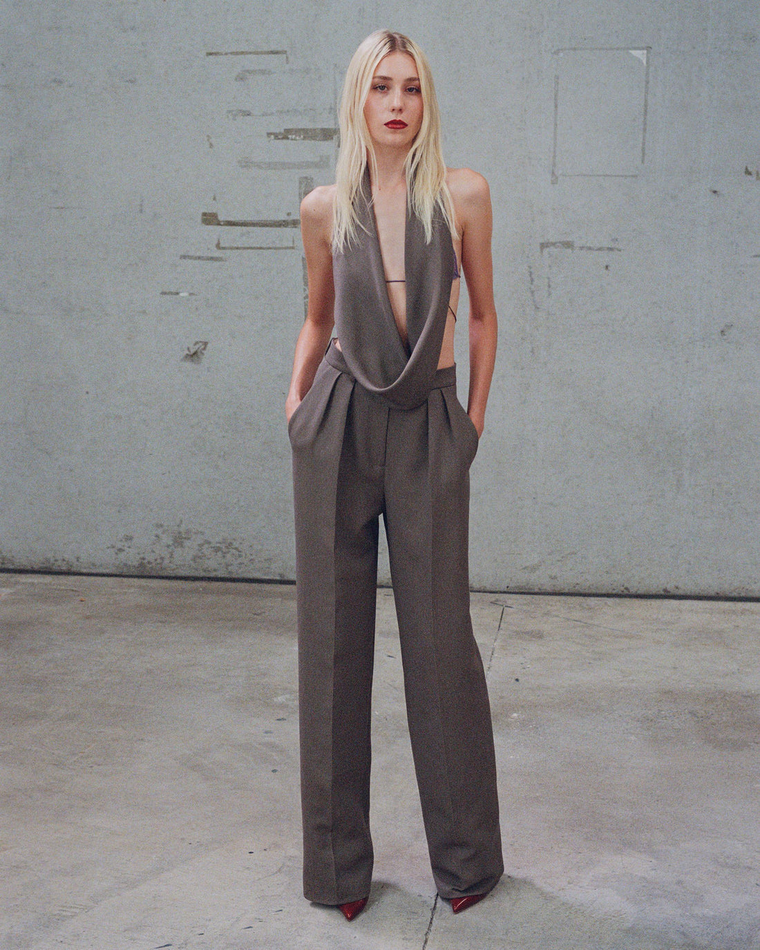 Alex Perry Pre Fall 2025 Look 20 — Halter Top in Wool Suiting, Bikini Top in Lace & Tailored Trouser in Wool Suiting