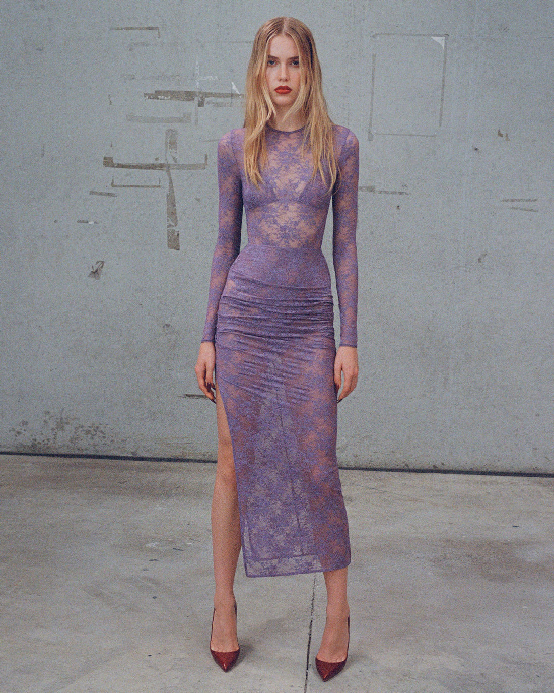 Alex Perry Pre Fall 2025 Look 25 — Long Sleeve Tucked Dress in Lace & Bikini Top in Lace