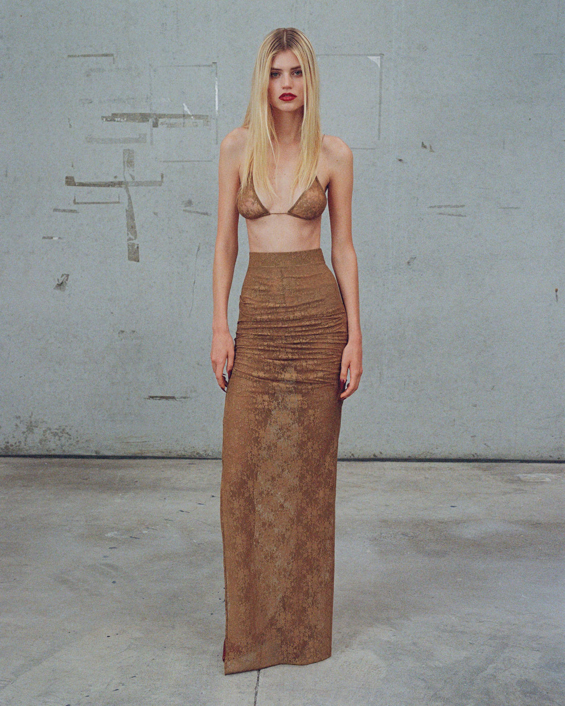 Alex Perry Pre Fall 2025 Look 27 — Bikini Top in Lace, Tucked Column Skirt in Lace & Stocking in Lace