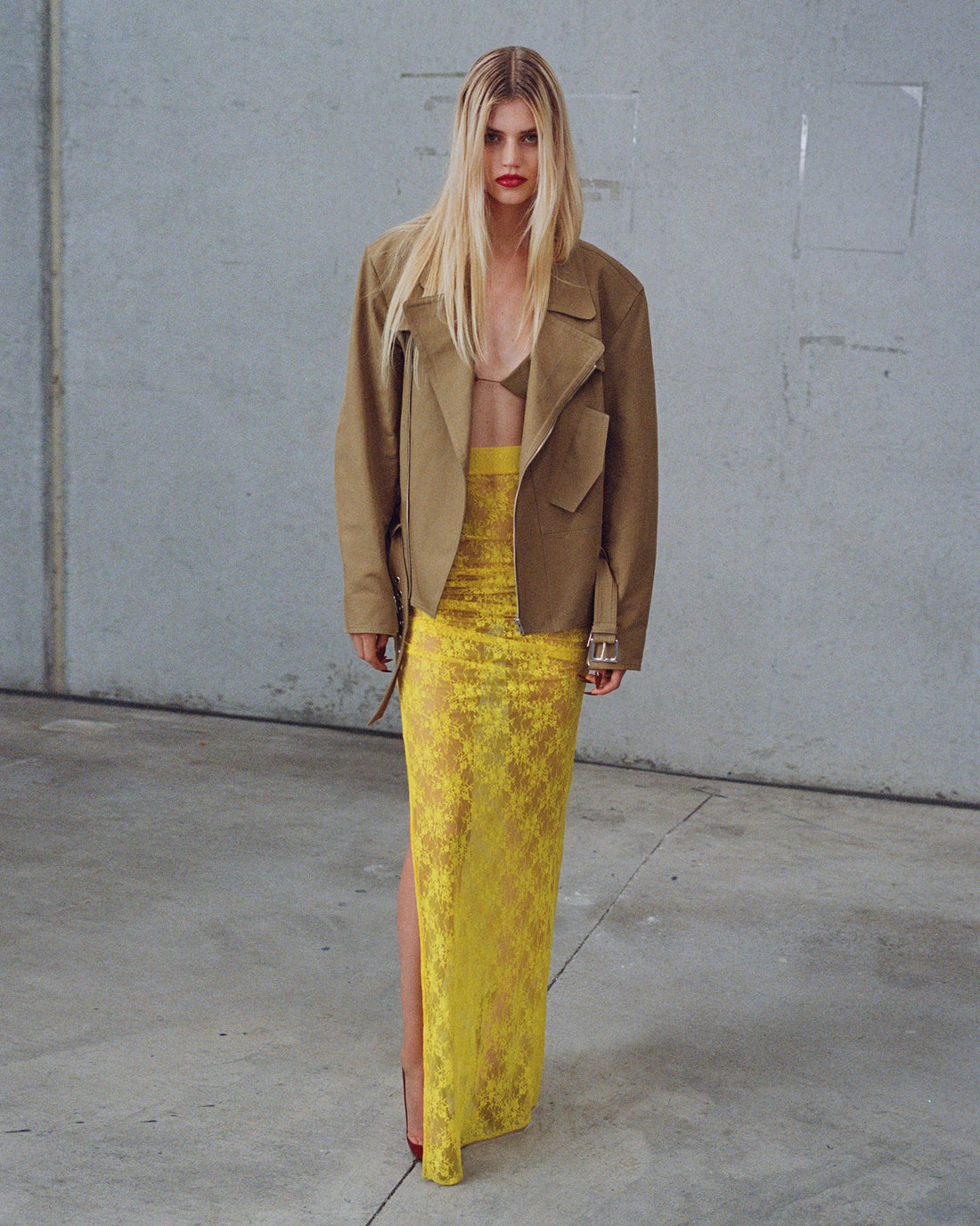 Alex Perry Pre Fall 2025 Look 28 — Biker Jacket in Cotton, Bikini Top in Cotton & Tucked Column Skirt in Lace