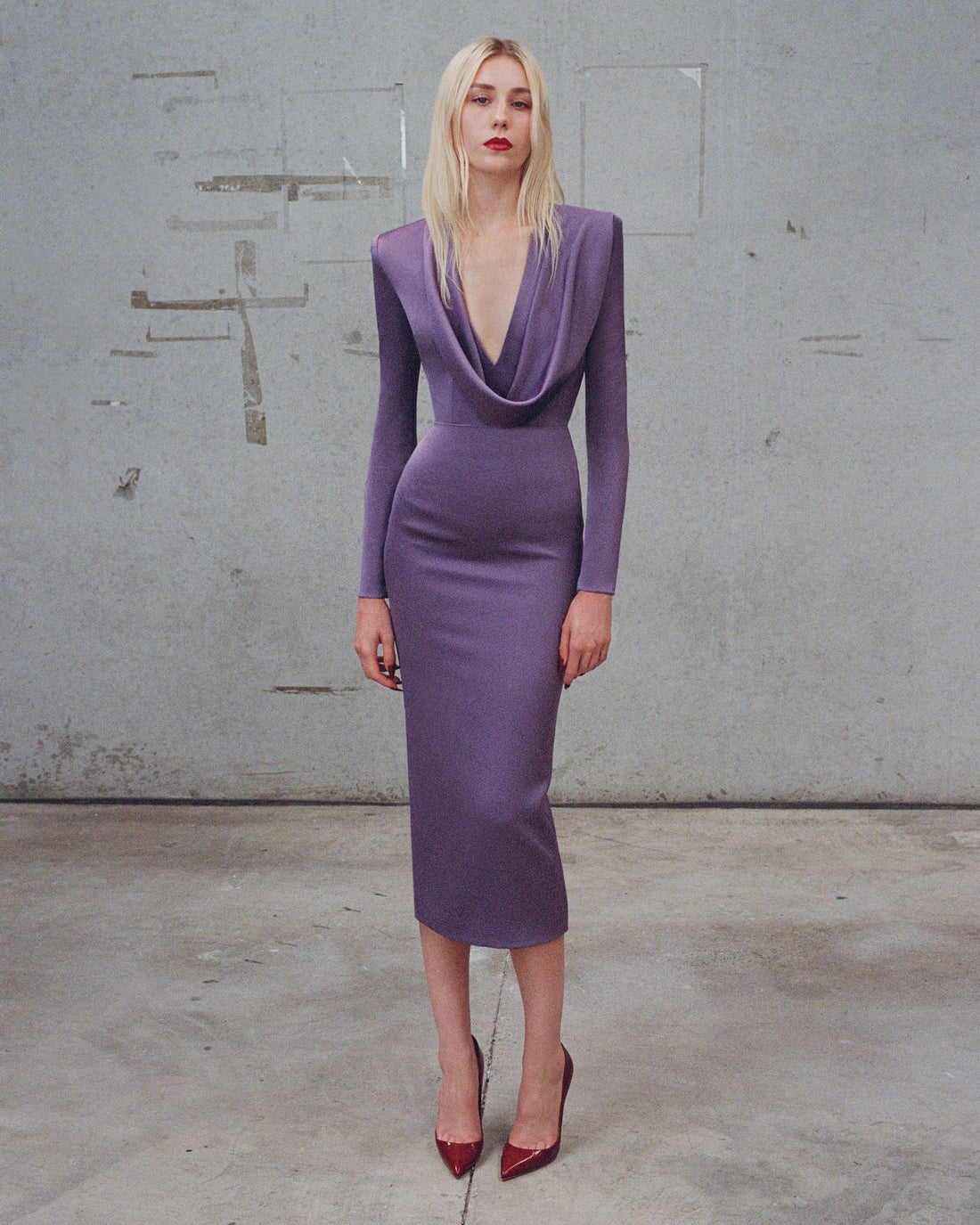 Alex Perry Pre Fall 2025 Look 38 — Long Sleeve Cowl Drape Dress in Satin Crepe