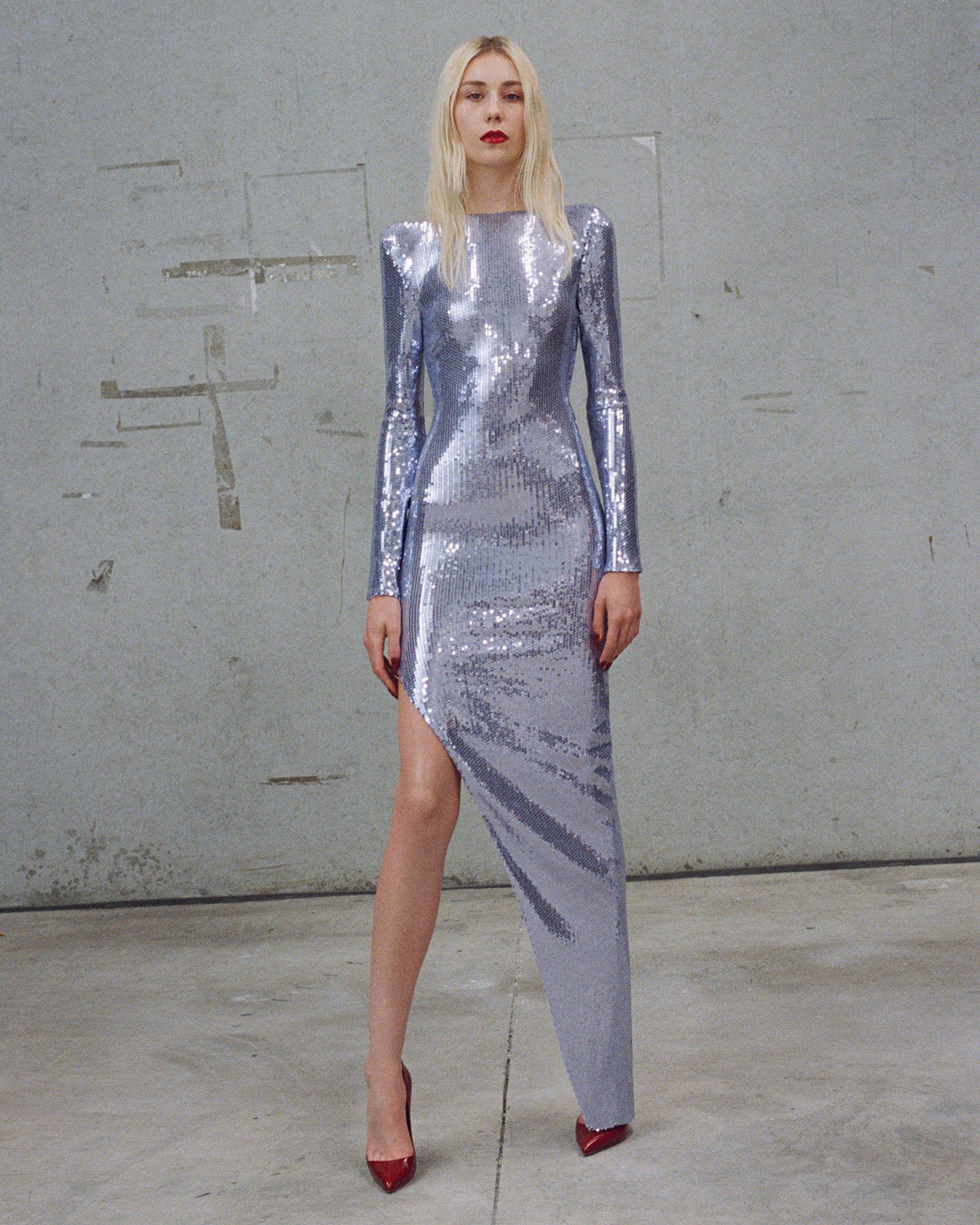 Alex Perry Pre Fall 2025 Look 46 — Long Sleeve Asymmetric Drape Gown in Sequin
