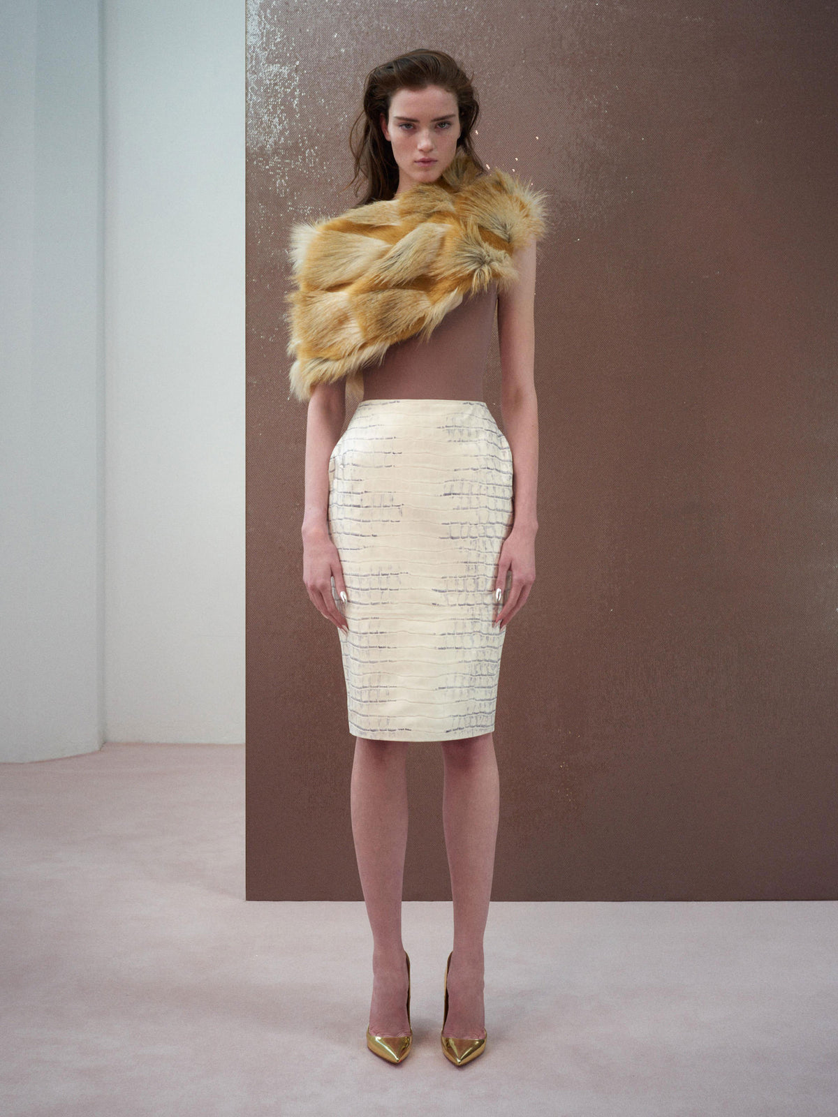 Alex Perry Resort 2026 Look 1 - Collar in Faux Fur, Singlet Bodysuit in Stretch Mesh & Skirt in Embossed Leather