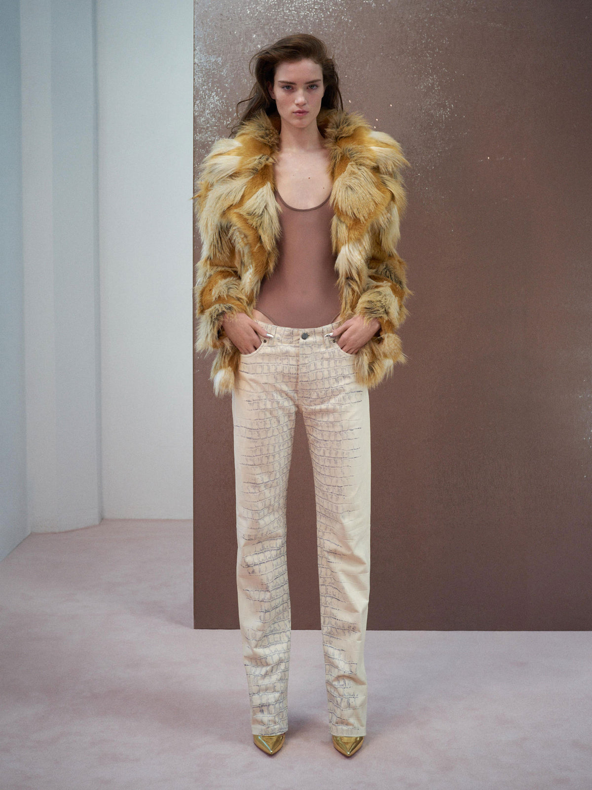 Alex Perry Resort 2026 Look 3 - Contour Jacket in Faux Fur, Singlet Bodysuit in Stretch Mesh & Straight Cut Jean in…