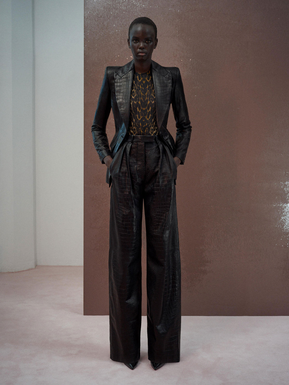 Alex Perry Resort 2026 Look 4 - Single Breasted Fitted Blazer in Embossed Leather, Singlet Bodysuit in Stretch Mesh…